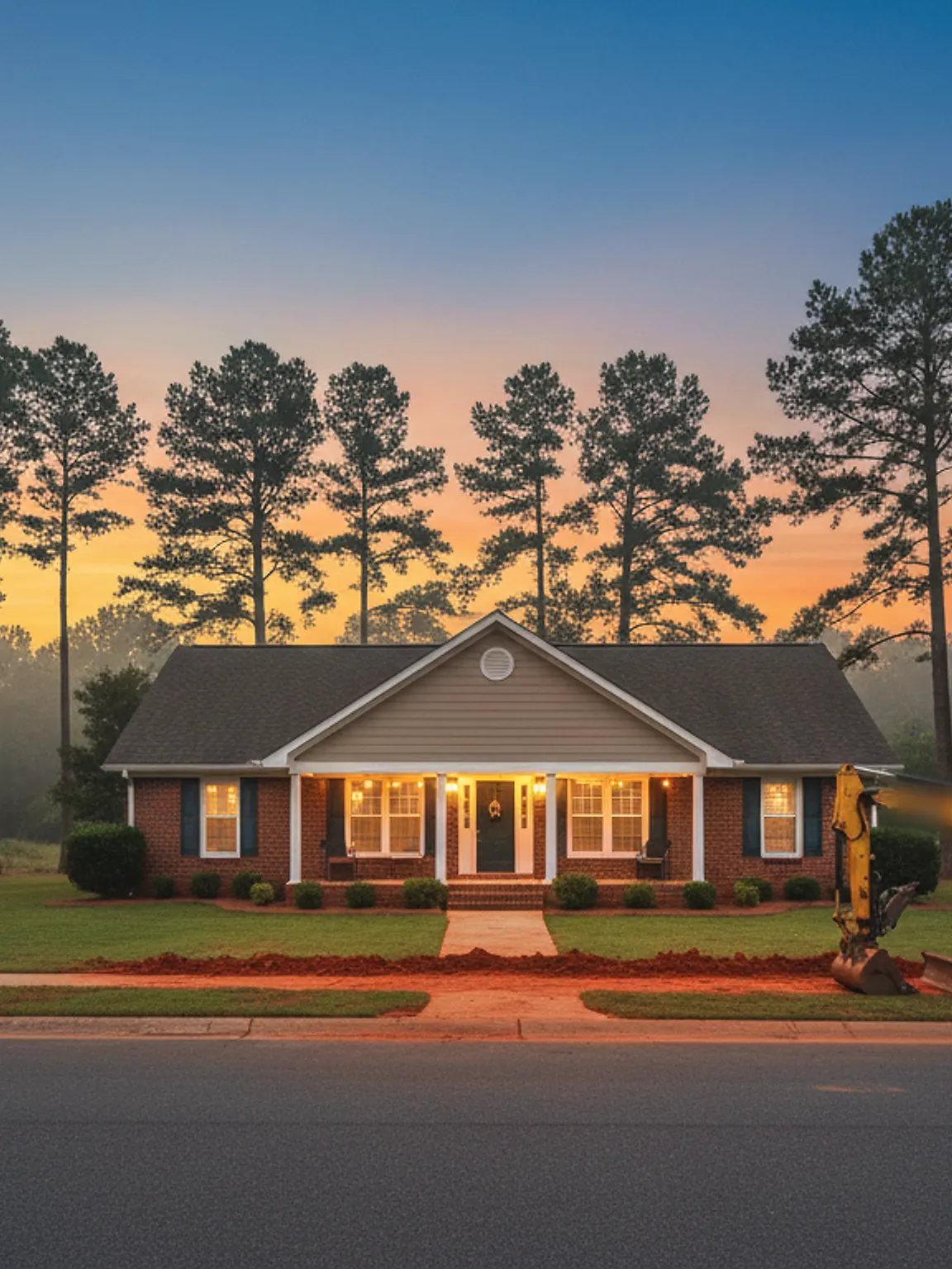 Dusk over a red-brick ranch house in a Georgia pine suburb, a backfilled strip of red clay running from the foundation to the street and a compact excavator at the edge of the lot