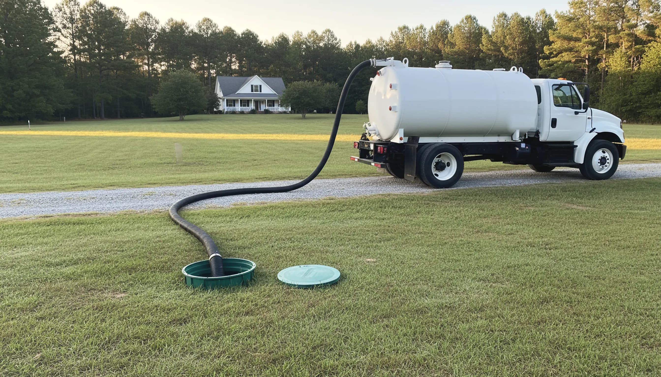 Plain white vacuum pump truck at the edge of a rural lawn with a hose running to an open green septic riser, pine woods behind; illustrating septic pumping for Bostwick, Georgia