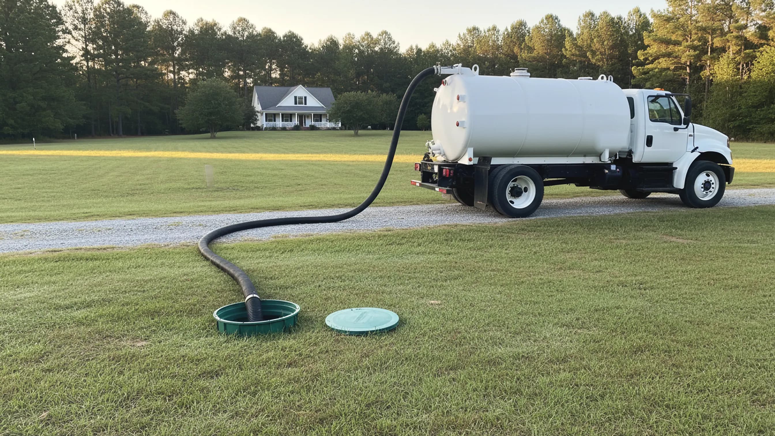 A plain white pump truck at the edge of a rural lawn, its hose running to an open green septic riser, pine woods behind; illustrating septic repair for Conyers, Georgia
