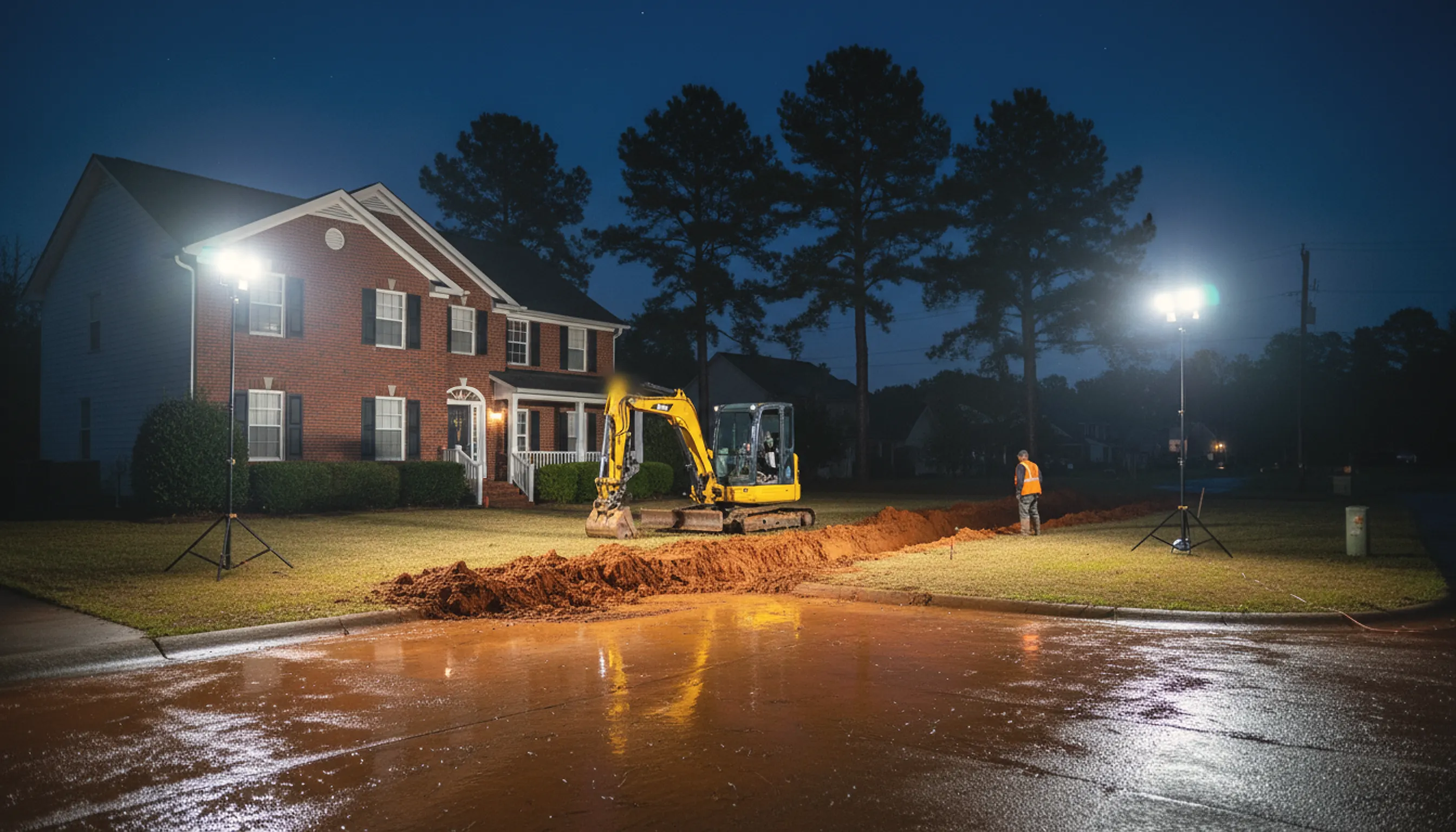 Night excavation in a suburban Georgia yard lit by portable work lights, a compact excavator beside a red clay trench; illustrating emergency septic and sewer service for Covington, Georgia
