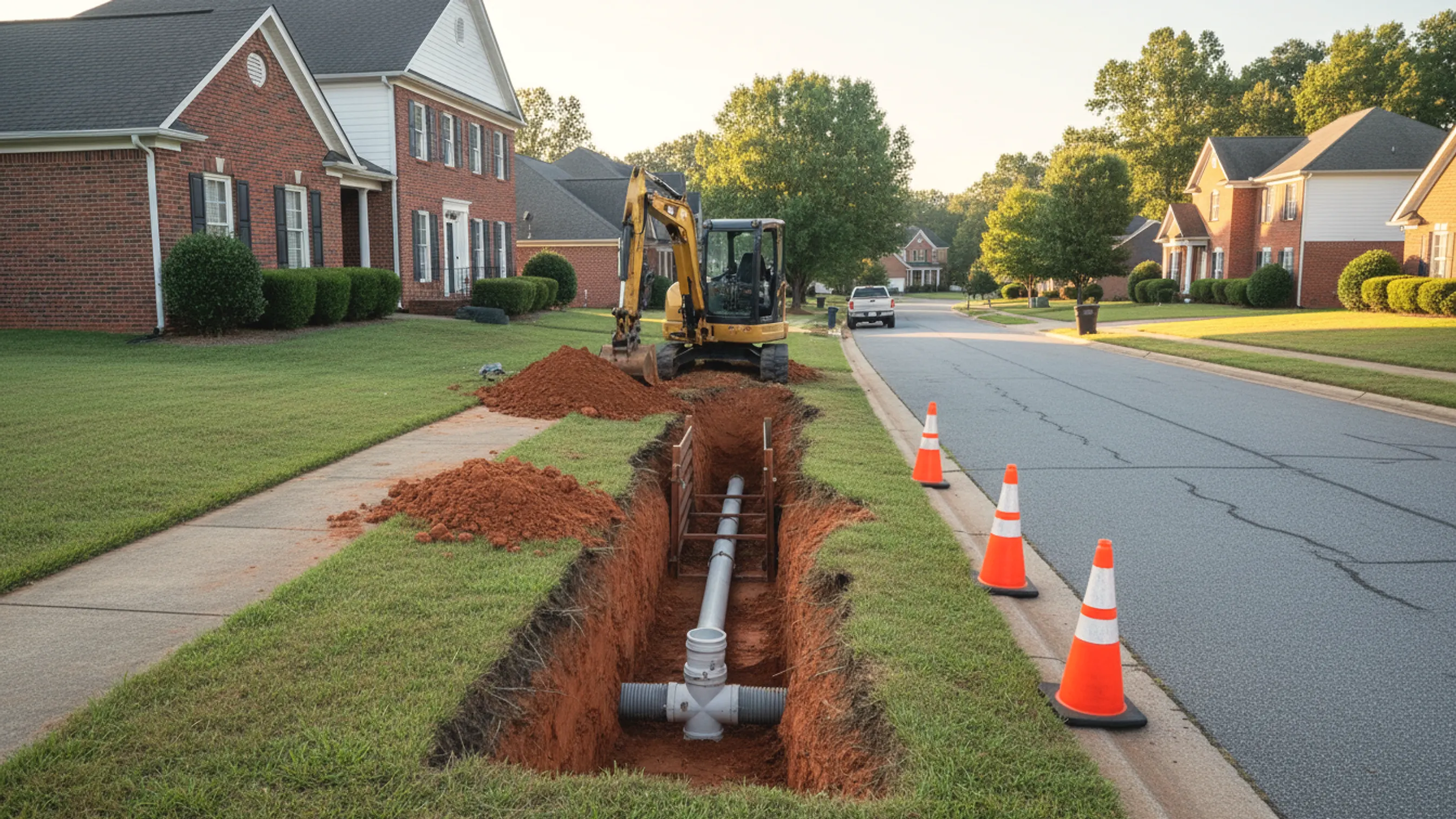 A curbside trench where a new white PVC sewer lateral ties into the main under a suburban Georgia street; illustrating sewer line repair for Covington, Georgia