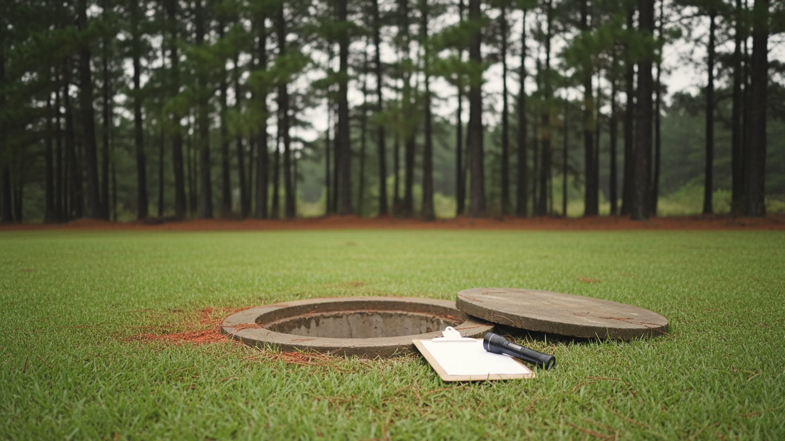 An open concrete septic tank access port in a Georgia lawn with a blank clipboard and flashlight beside it; illustrating septic repair for Jersey, Georgia