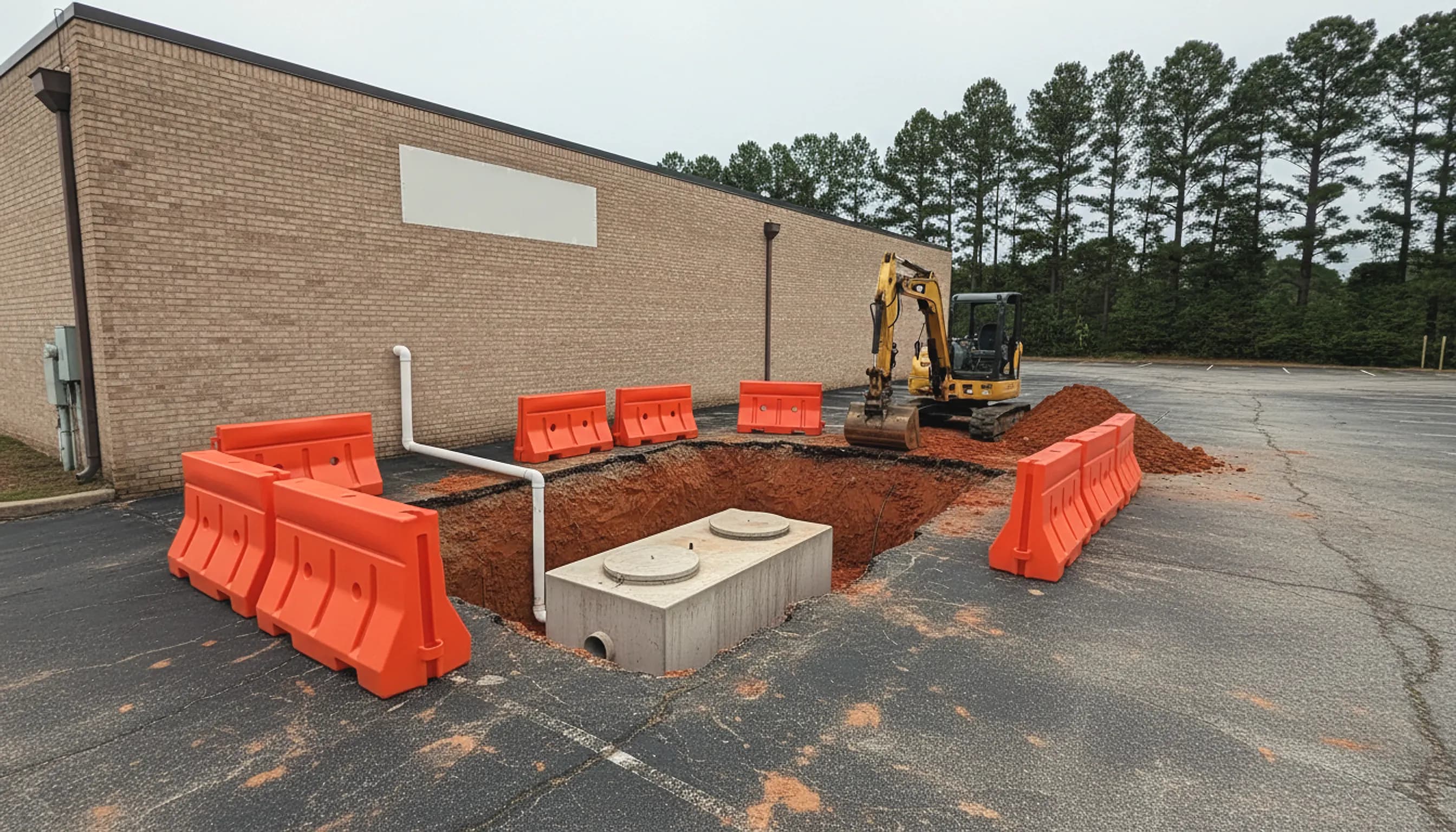 Excavation in the asphalt lot behind a small commercial building exposing a concrete grease interceptor and sewer pipe; illustrating commercial sewer repair for Lawrenceville, Georgia