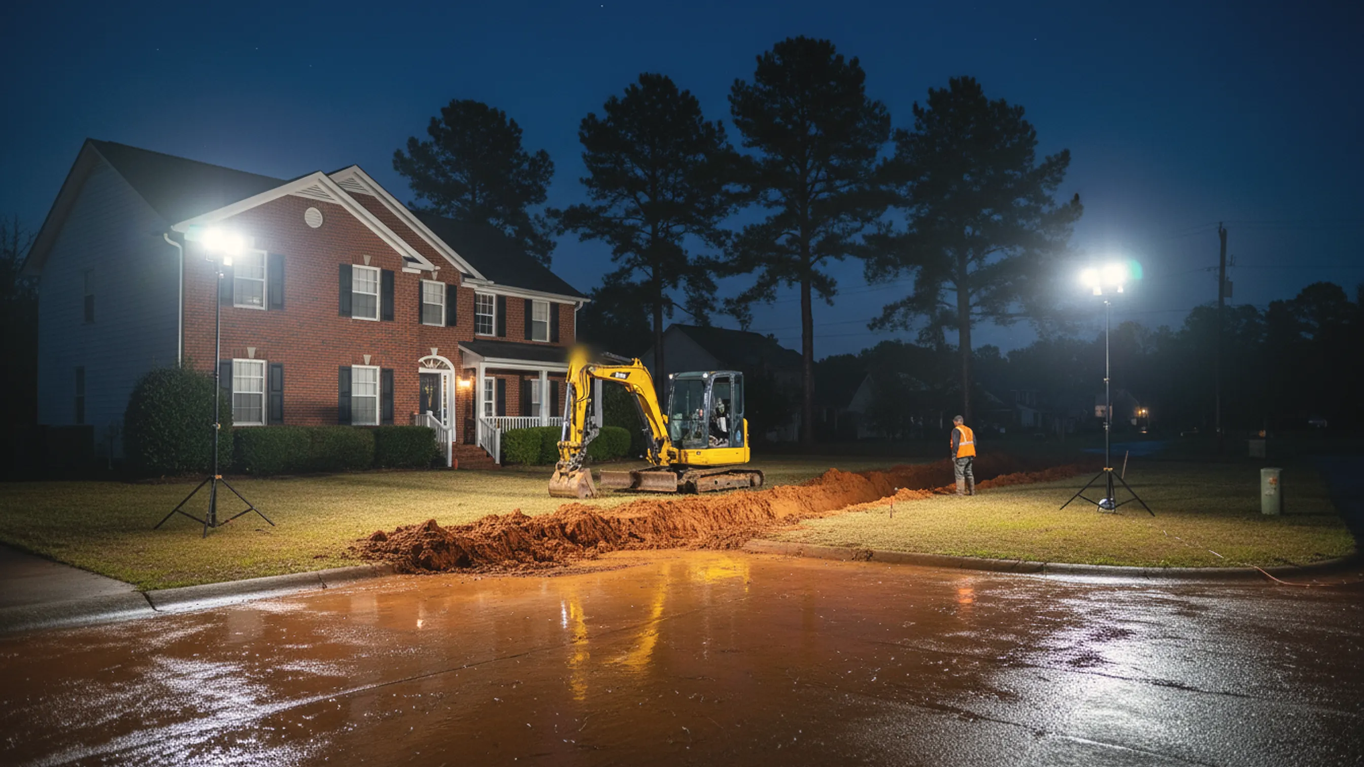 Night excavation in a suburban Georgia yard under portable work lights, a compact excavator beside a red clay trench; illustrating sewer line repair for Mansfield, Georgia
