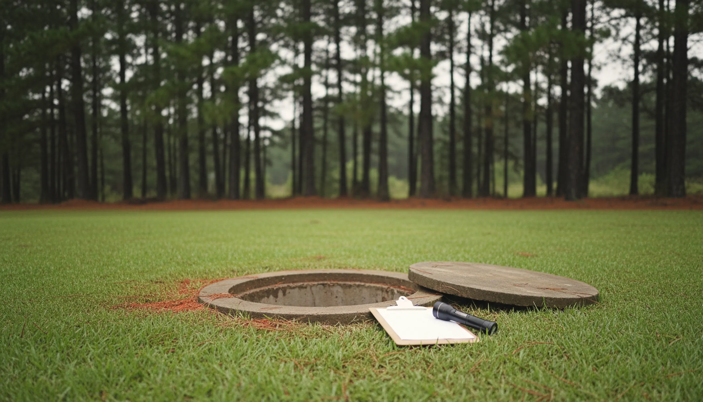 Open concrete septic tank access port in a Georgia lawn with a blank clipboard and flashlight beside it; illustrating septic inspection for Monroe, Georgia