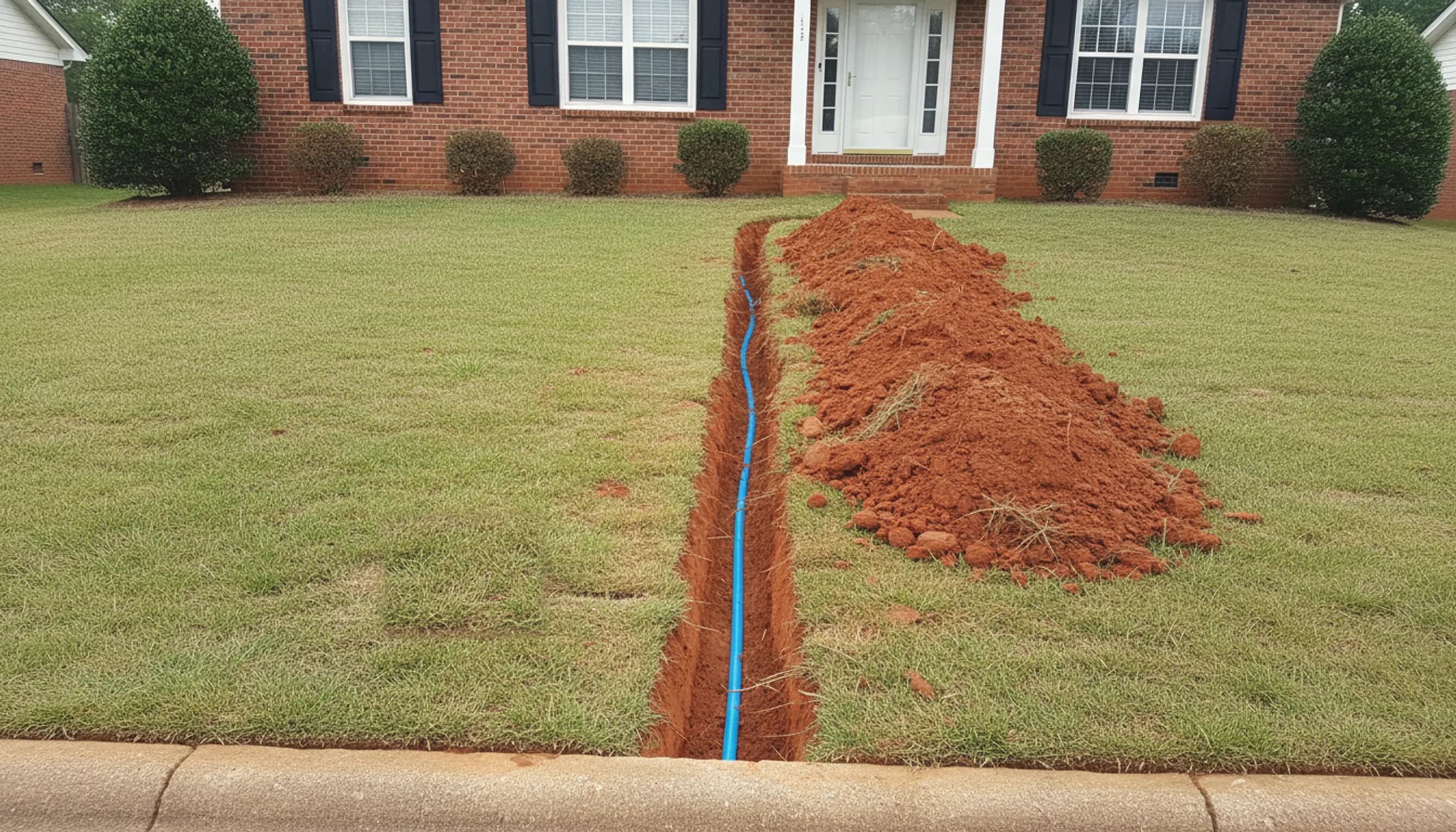 Narrow red clay trench across the front lawn of a brick ranch home with a new blue water service pipe running to the street; illustrating water line repair and installation for Monroe, Georgia