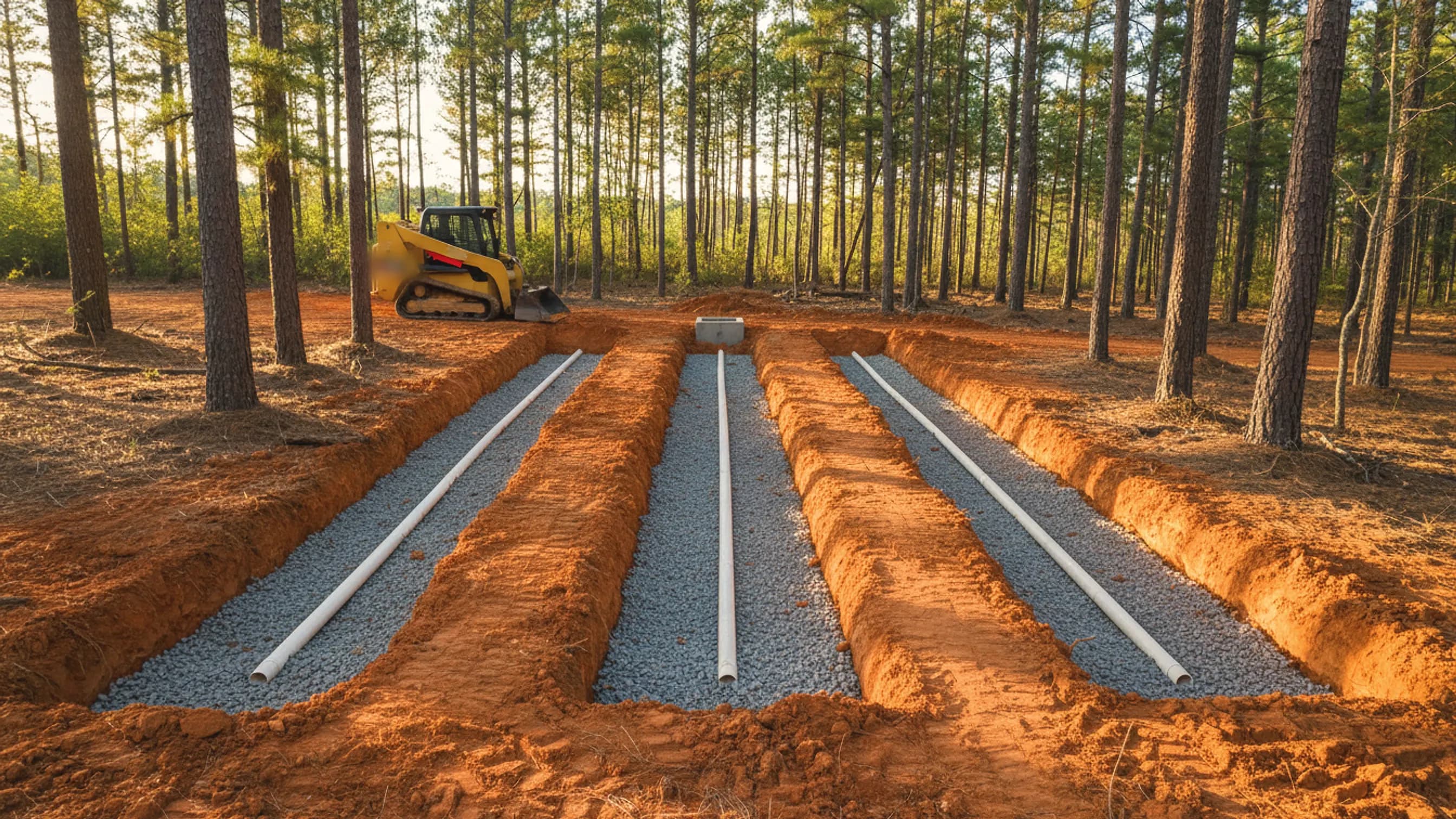 Parallel drain field trenches in red clay with gravel and perforated pipe beside a wooded Georgia lot; illustrating septic repair for Porterdale, Georgia
