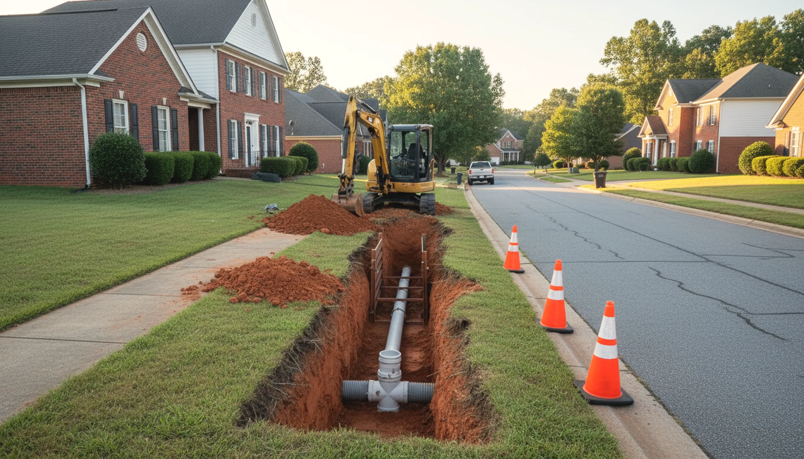 Trench at the curb of a suburban Georgia street where a new white PVC sewer lateral connects to the main; illustrating sewer line installation for Rutledge, Georgia