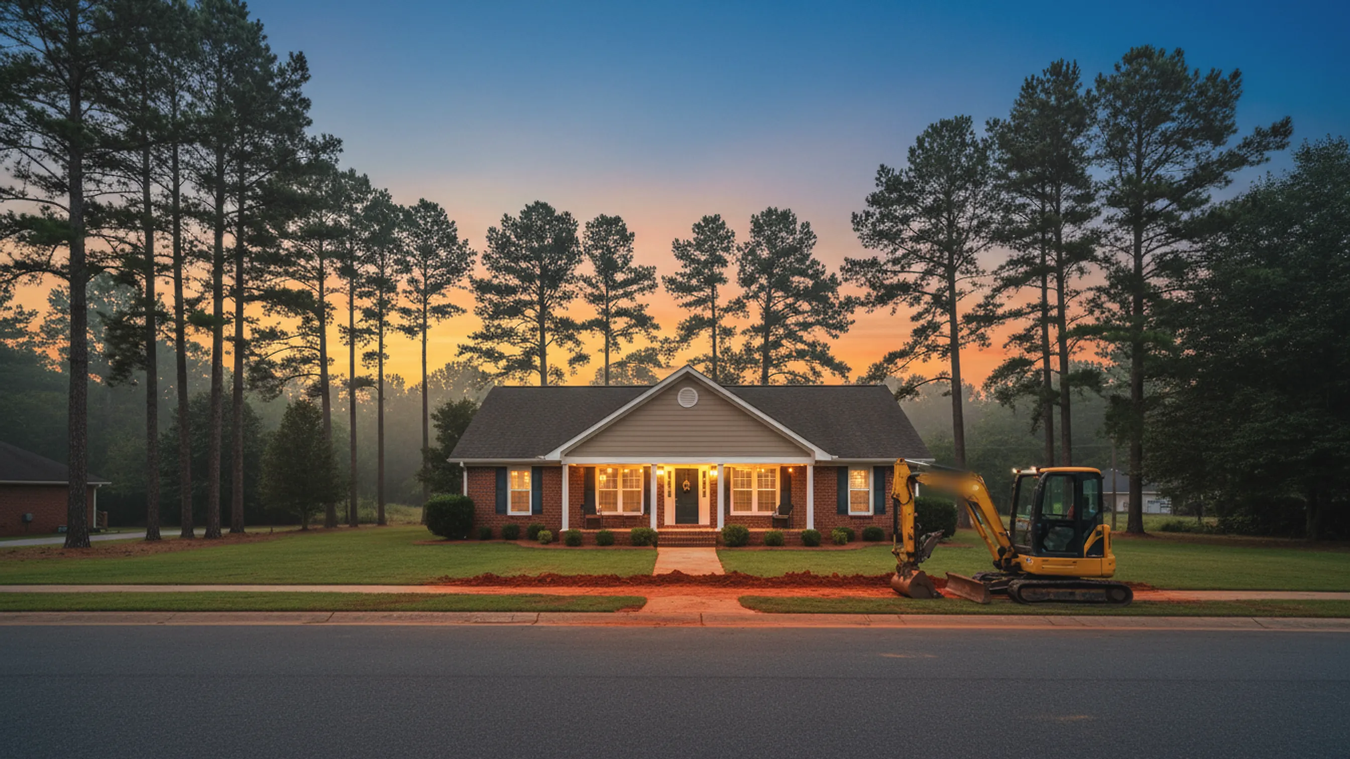 A backfilled strip of red clay running from a brick ranch house to the street at dusk, a compact excavator at the lot edge; illustrating sewer line repair for Rutledge, Georgia