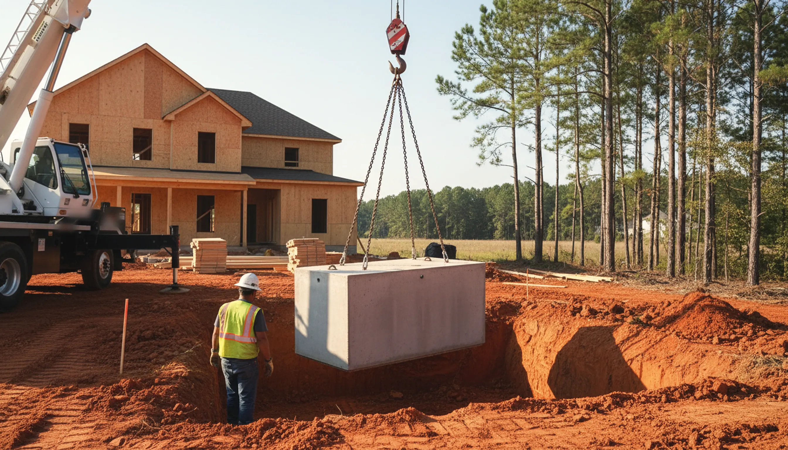 A new concrete septic tank lowered by a crane truck into a red clay excavation beside a new-construction home; illustrating drain field repair for Shady Dale, Georgia