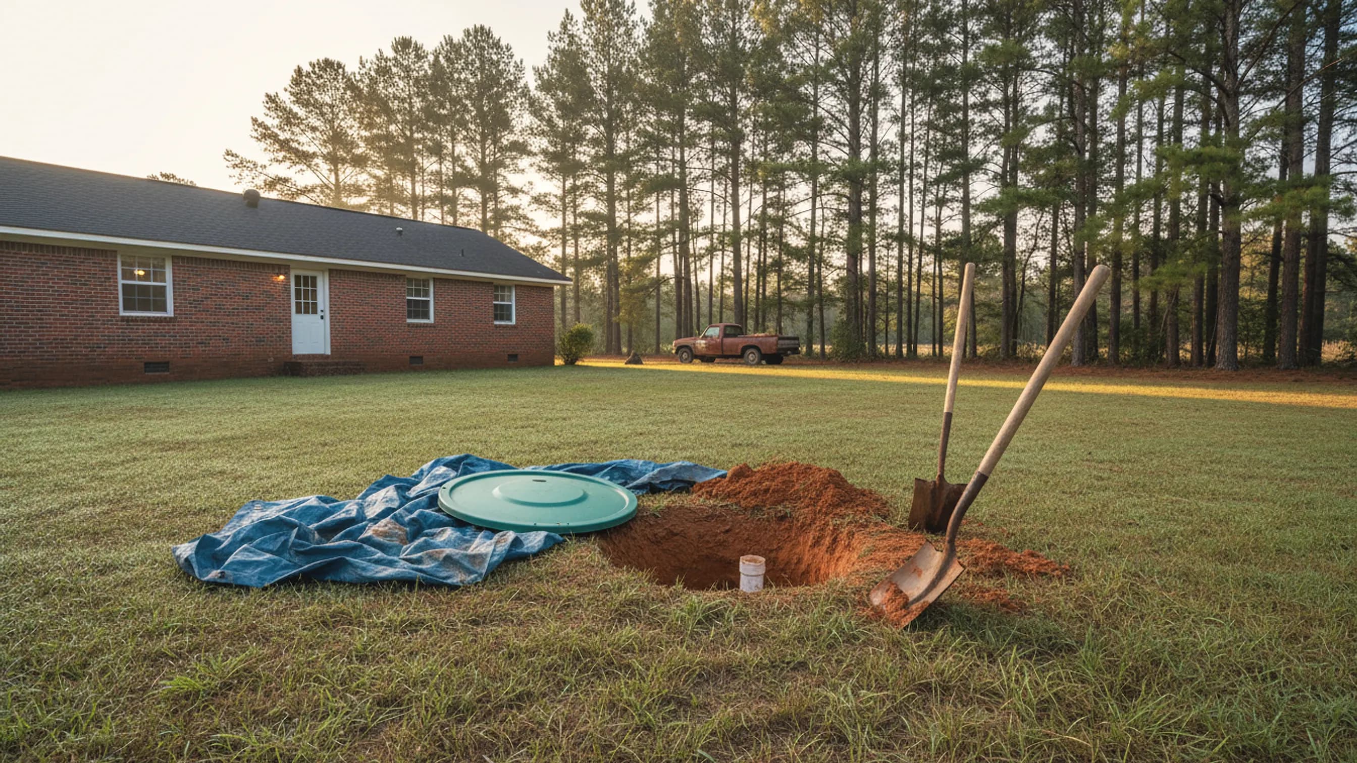An open green septic riser in a rural Georgia backyard, a shallow red clay dig around the outlet pipe and pines behind; illustrating septic repair for Social Circle, Georgia