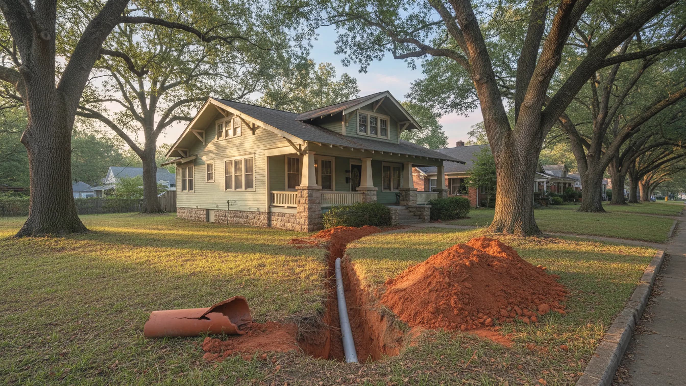 An open trench across a bungalow front yard, old terracotta sewer pipe beside new white PVC; illustrating sewer line repair for Social Circle, Georgia