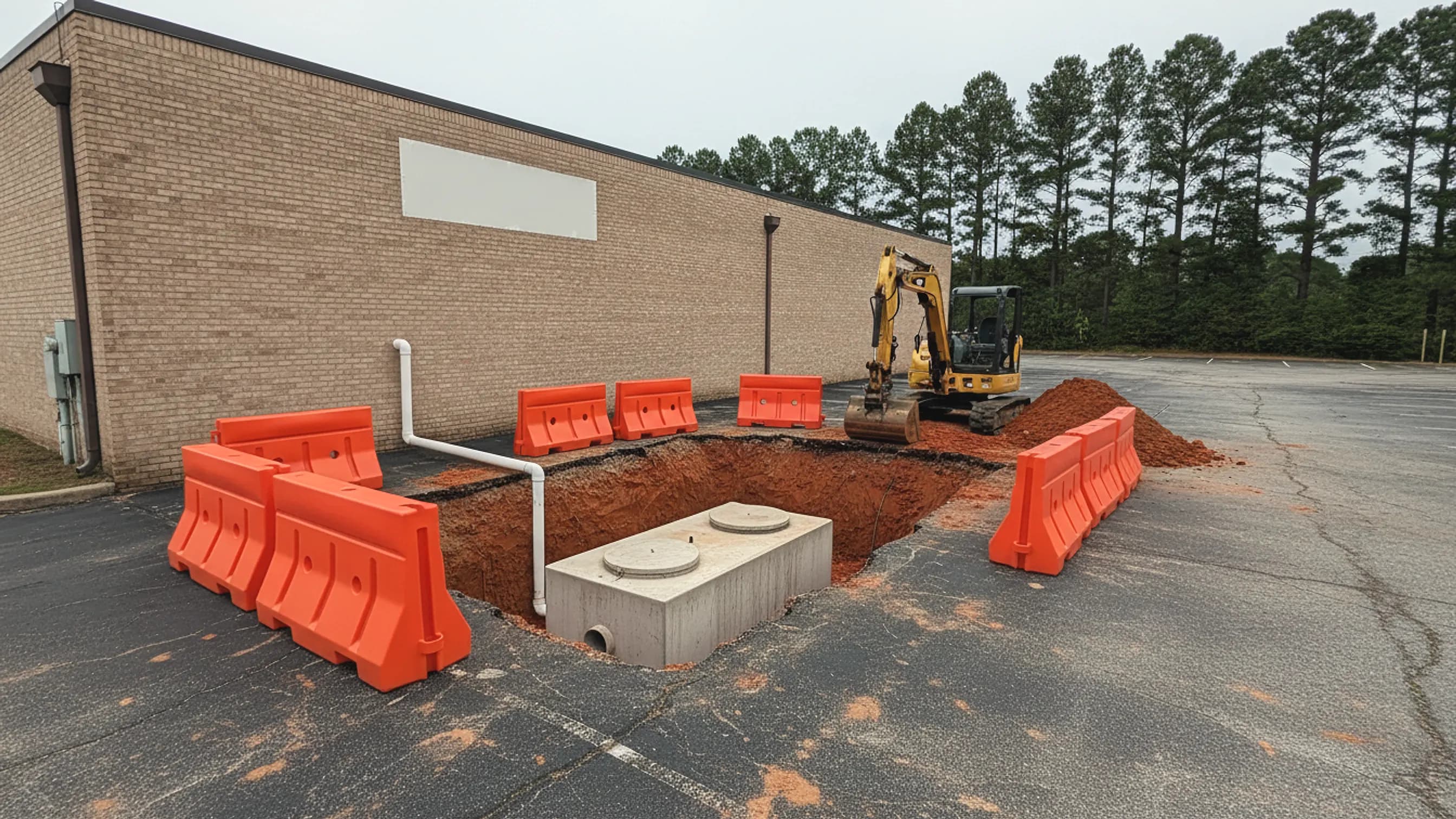 An excavation in the asphalt lot behind a small commercial building exposing a grease interceptor and sewer pipe; illustrating commercial sewer repair for Stonecrest, Georgia