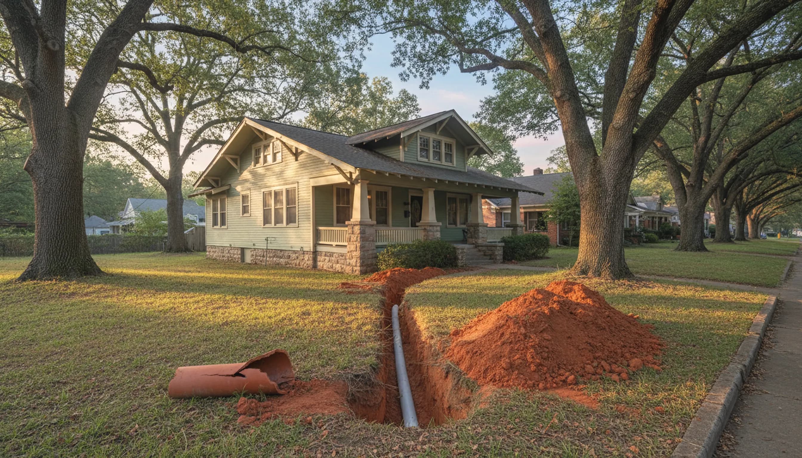 Open trench across a craftsman bungalow's front yard with old terracotta clay sewer pipe beside new white PVC pipe; illustrating sewer line installation for Stonecrest, Georgia