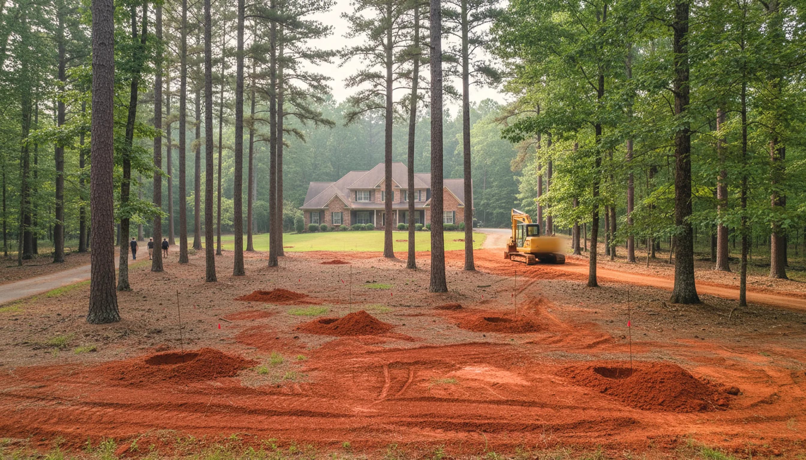 A wooded house lot with small wire flags marking soil test holes in a sloping side yard and an excavator parked by the driveway.
