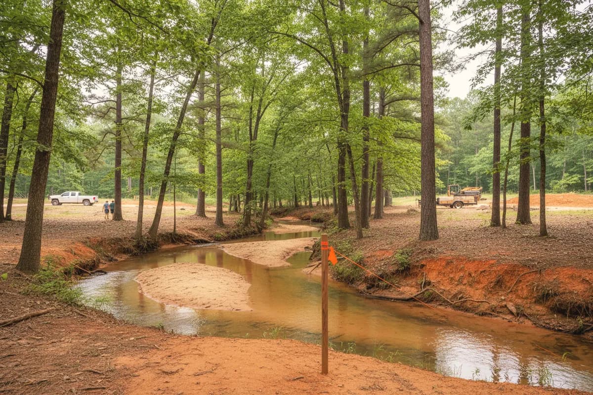 A sandy-bottomed creek with red clay banks winding through pine and hardwood woods, a survey stake with orange flagging on the bank.
