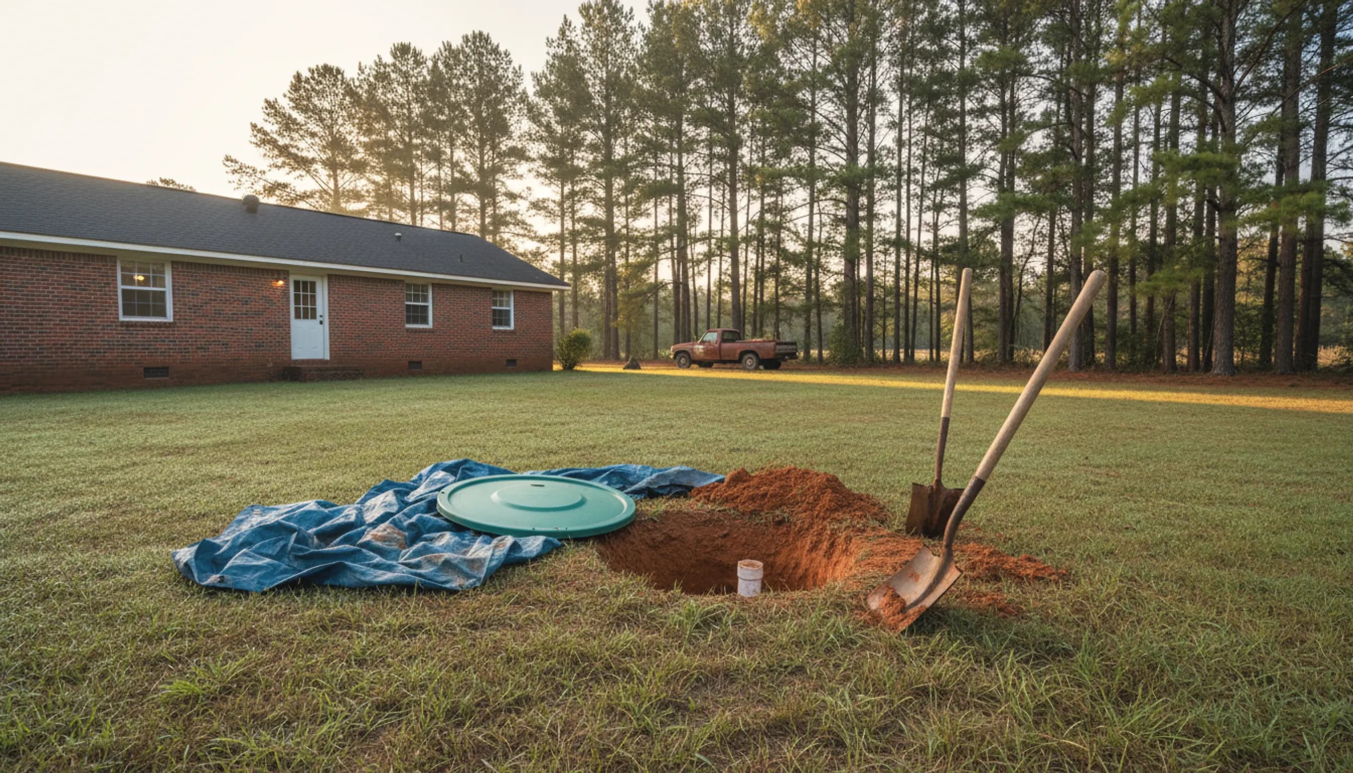 Open green septic riser in a rural Georgia backyard with a shallow red clay excavation around the outlet pipe and pines behind; illustrating septic, sewer and water line work around Bethlehem, Georgia