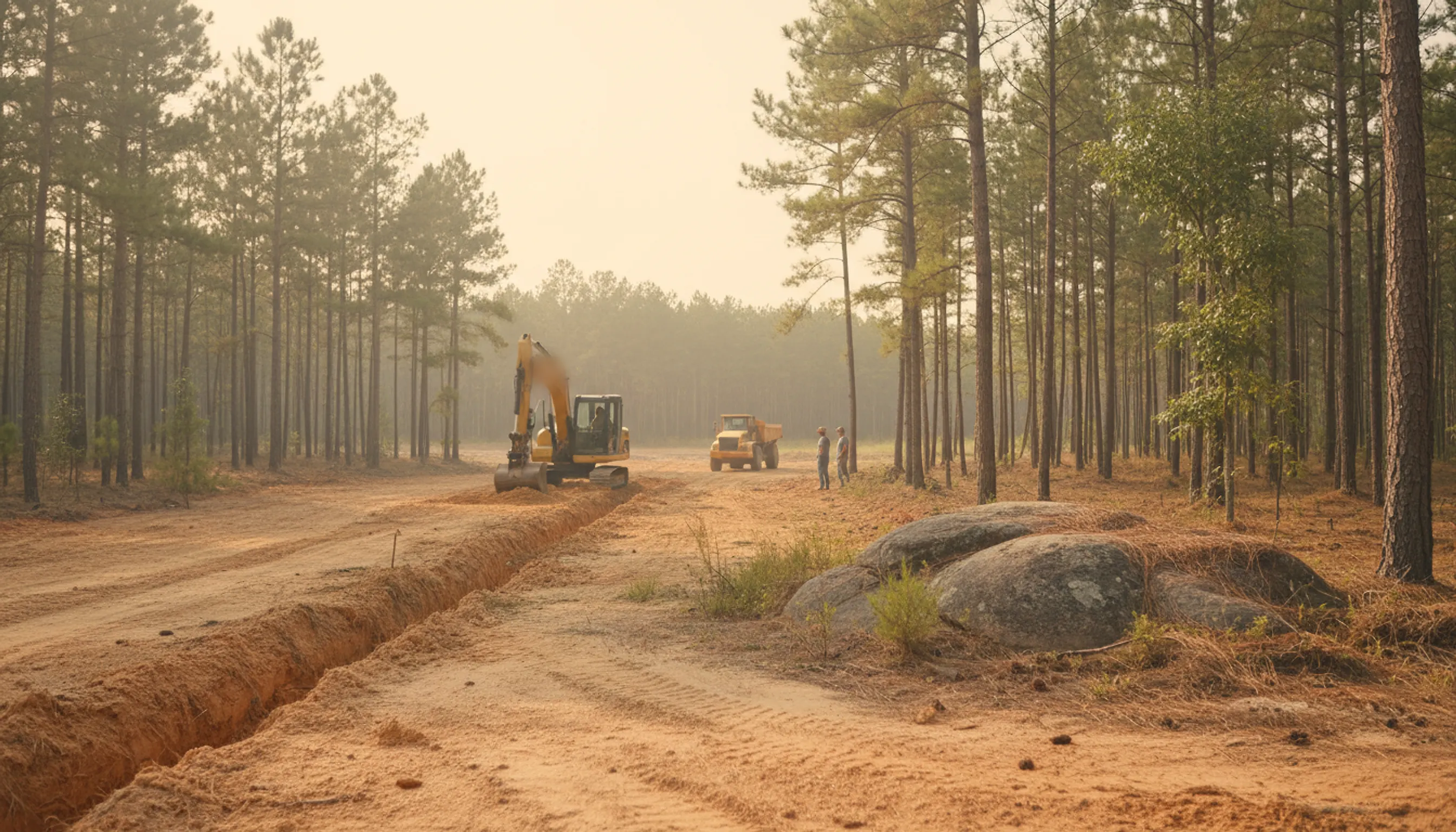 Compact excavator digging a drain-field trench in sandy red soil near a granite outcrop in pine woods