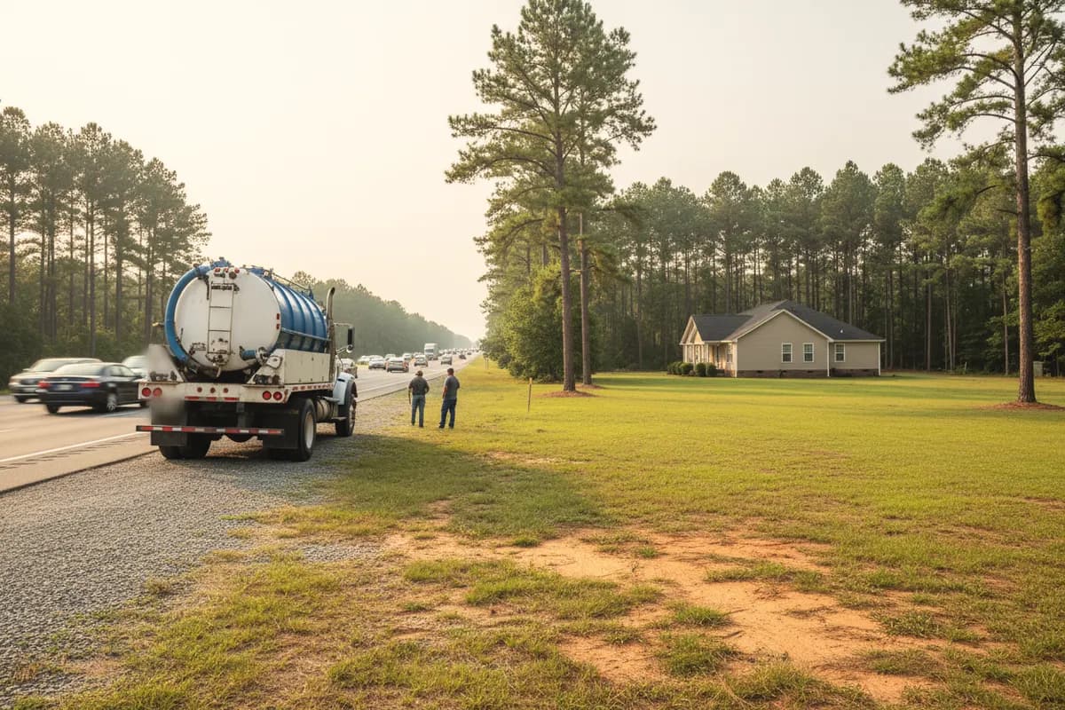 Pump truck on a gravel pull-off beside a divided highway in front of a rural house