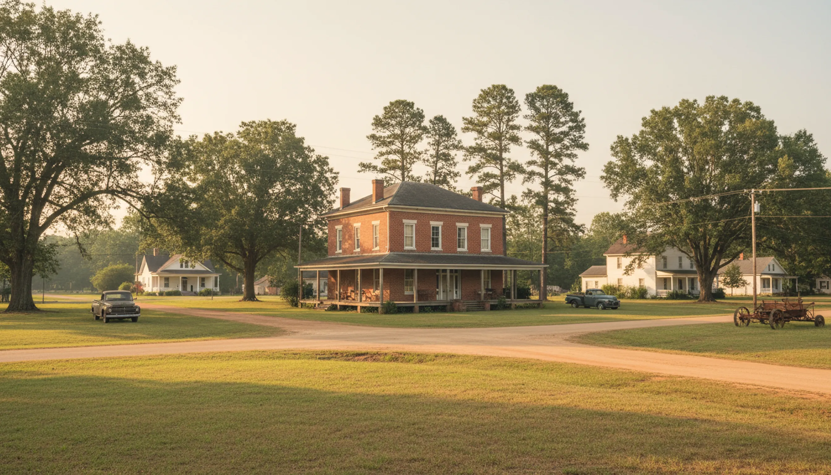 A two-story red-brick hotel from about 1900 at a quiet rural crossroads, with oaks and older frame houses.