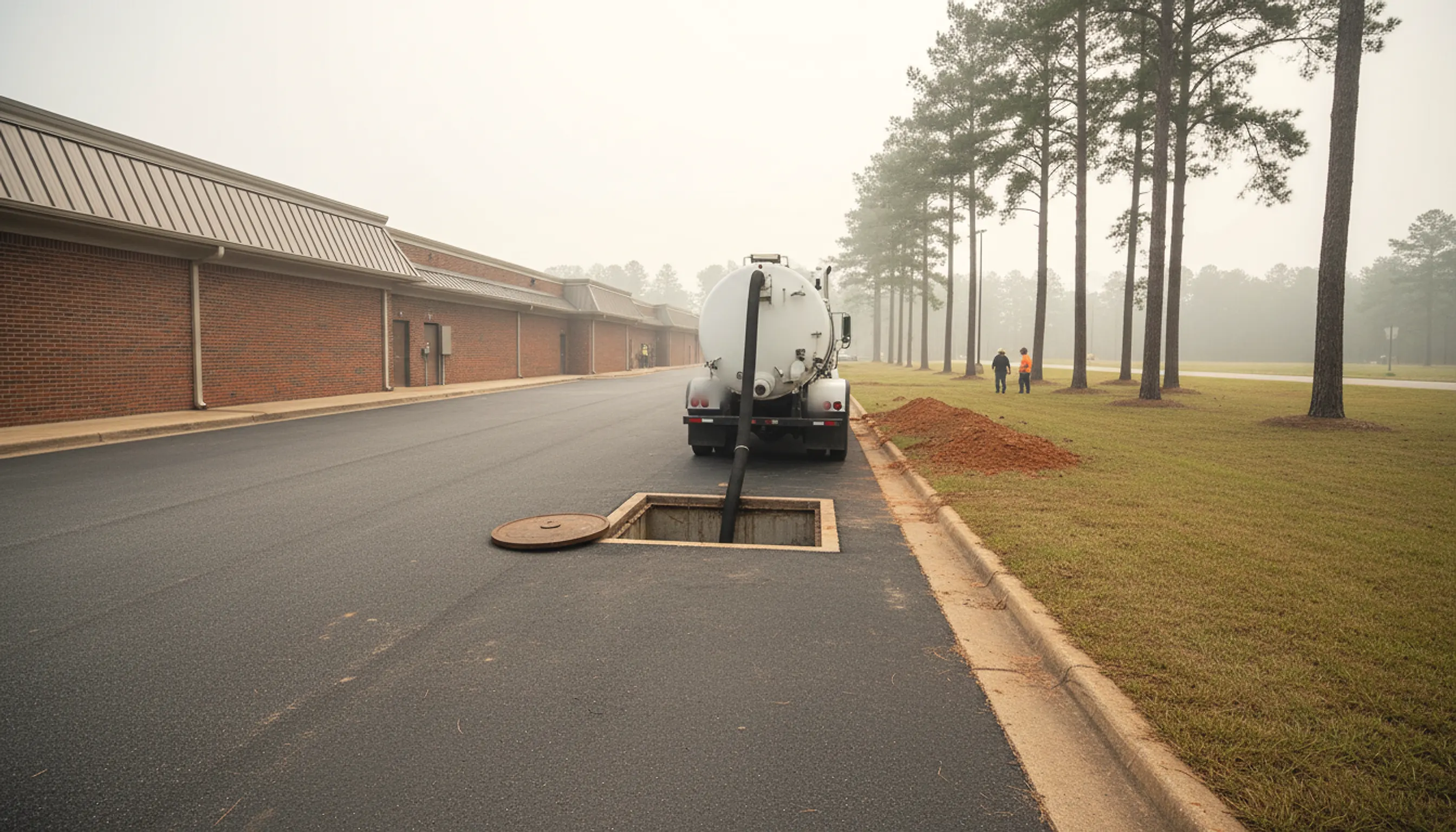 Service lane behind a long brick commercial building, a vacuum truck hose running down into an open grease interceptor and a red clay spoil pile on the grassy edge under pines.