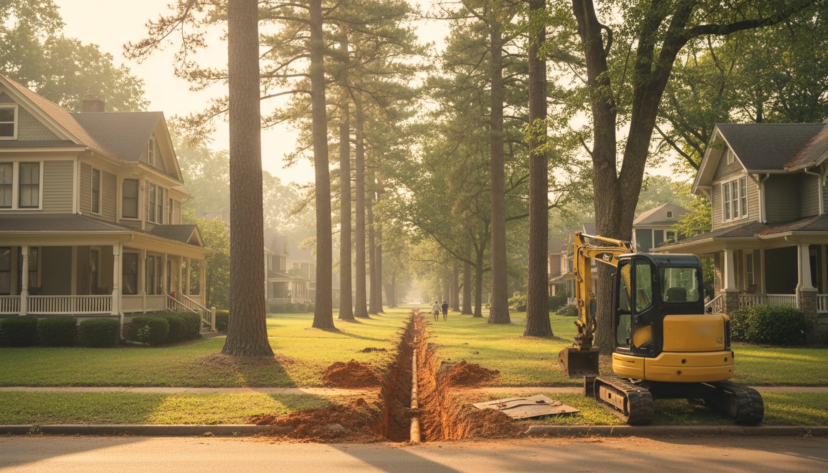 A trench across the front lawn of an old porch-front house, exposing a sewer lateral in red clay near the curb.