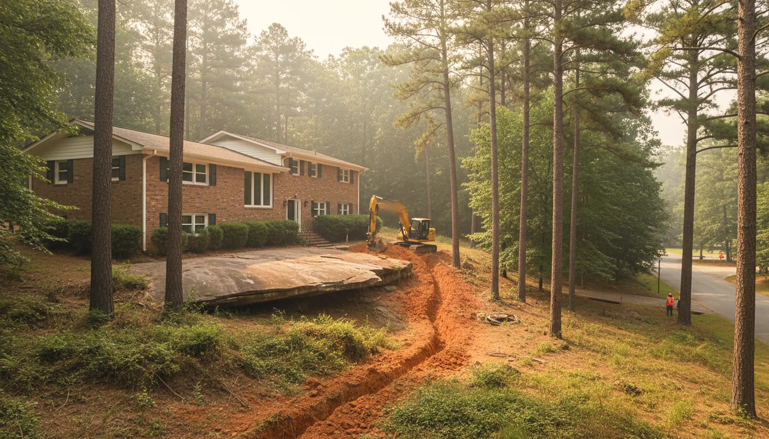 Brick split-level on a wooded slope with a granite outcrop and a red clay trench running toward a street manhole.