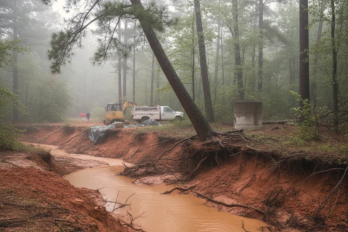 Red clay creek bank with exposed roots and a concrete sewer manhole riser in floodplain woods.