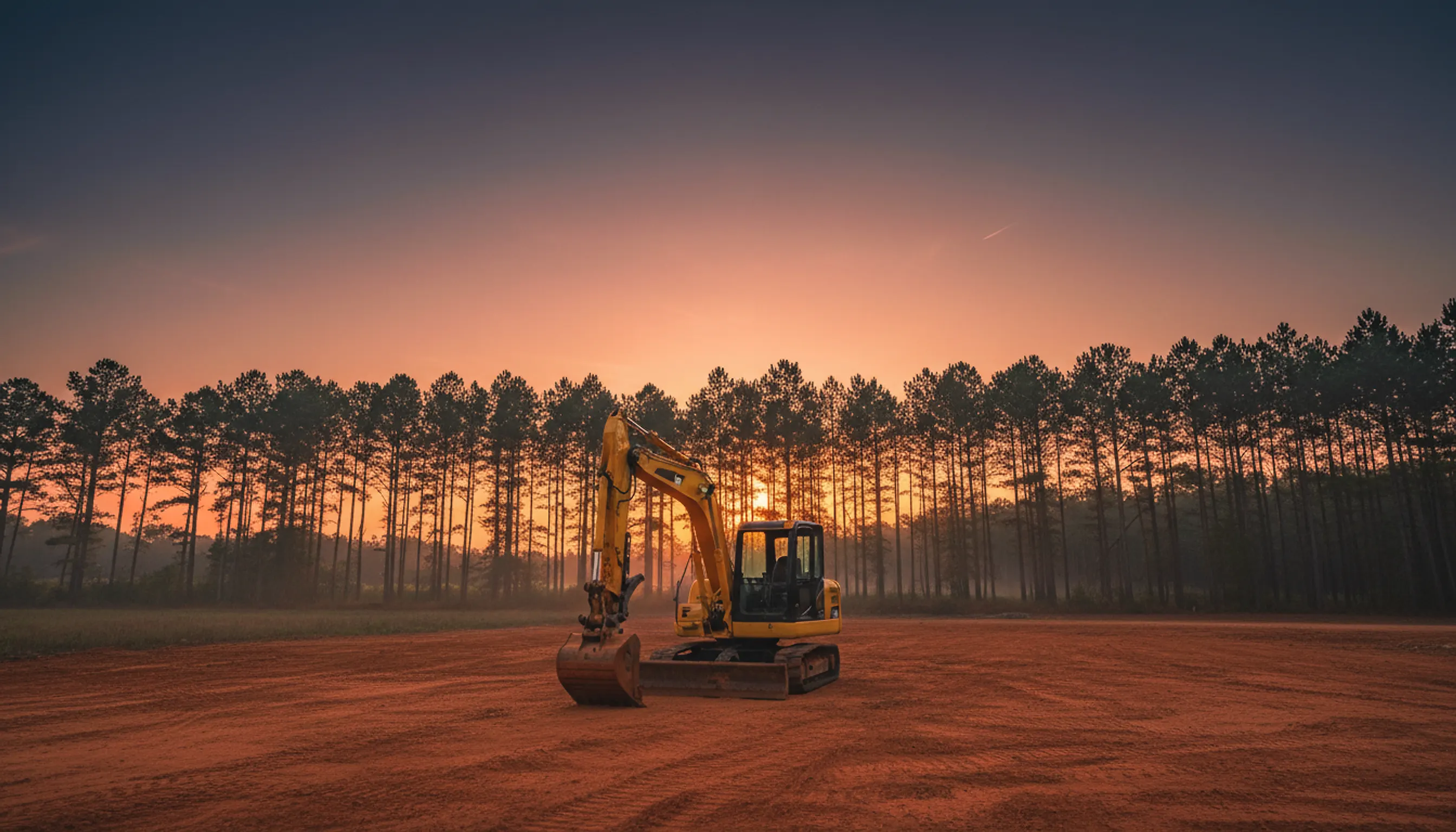 A compact excavator parked on red clay at dusk with loblolly pines silhouetted against an orange sky; illustrating septic, sewer and water line work around Douglasville, Georgia