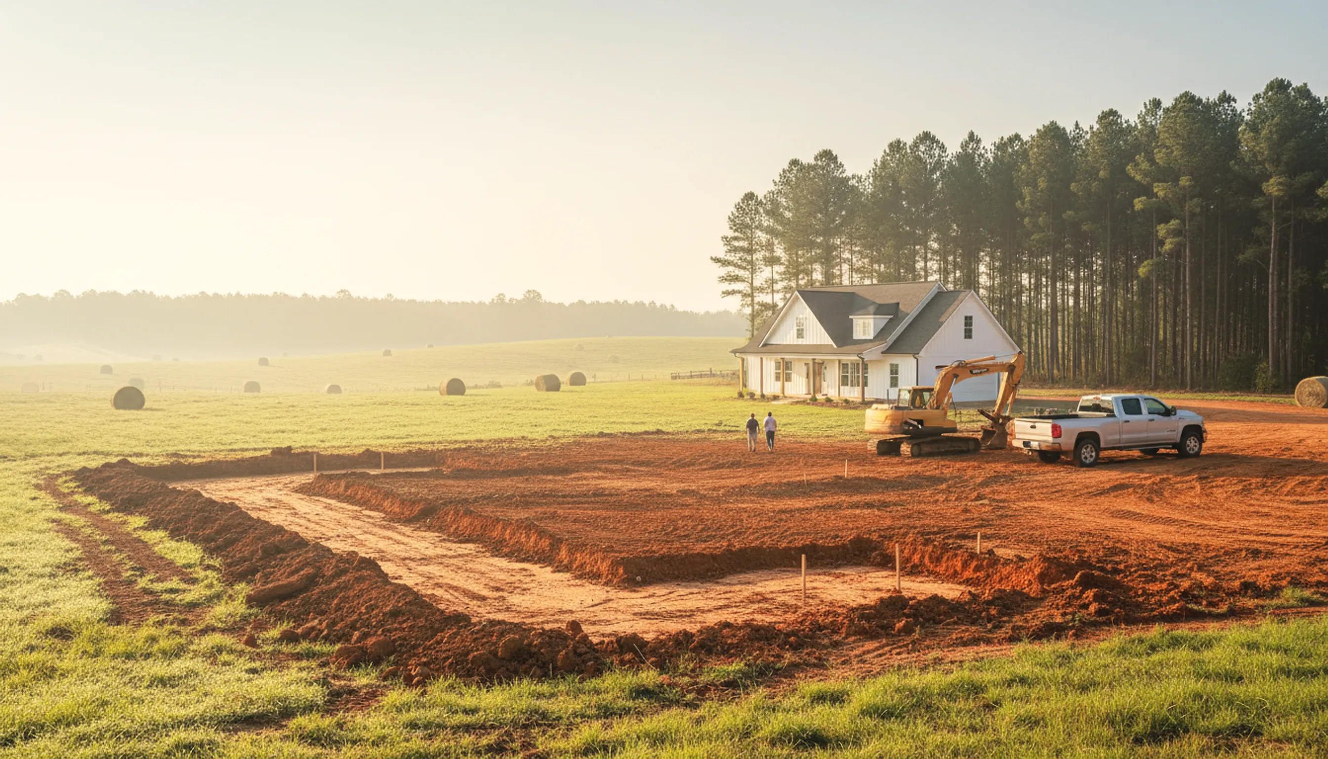 Farmhouse-style home on a wide rural lot with fresh drain-field trenches in red loam and hay bales beyond