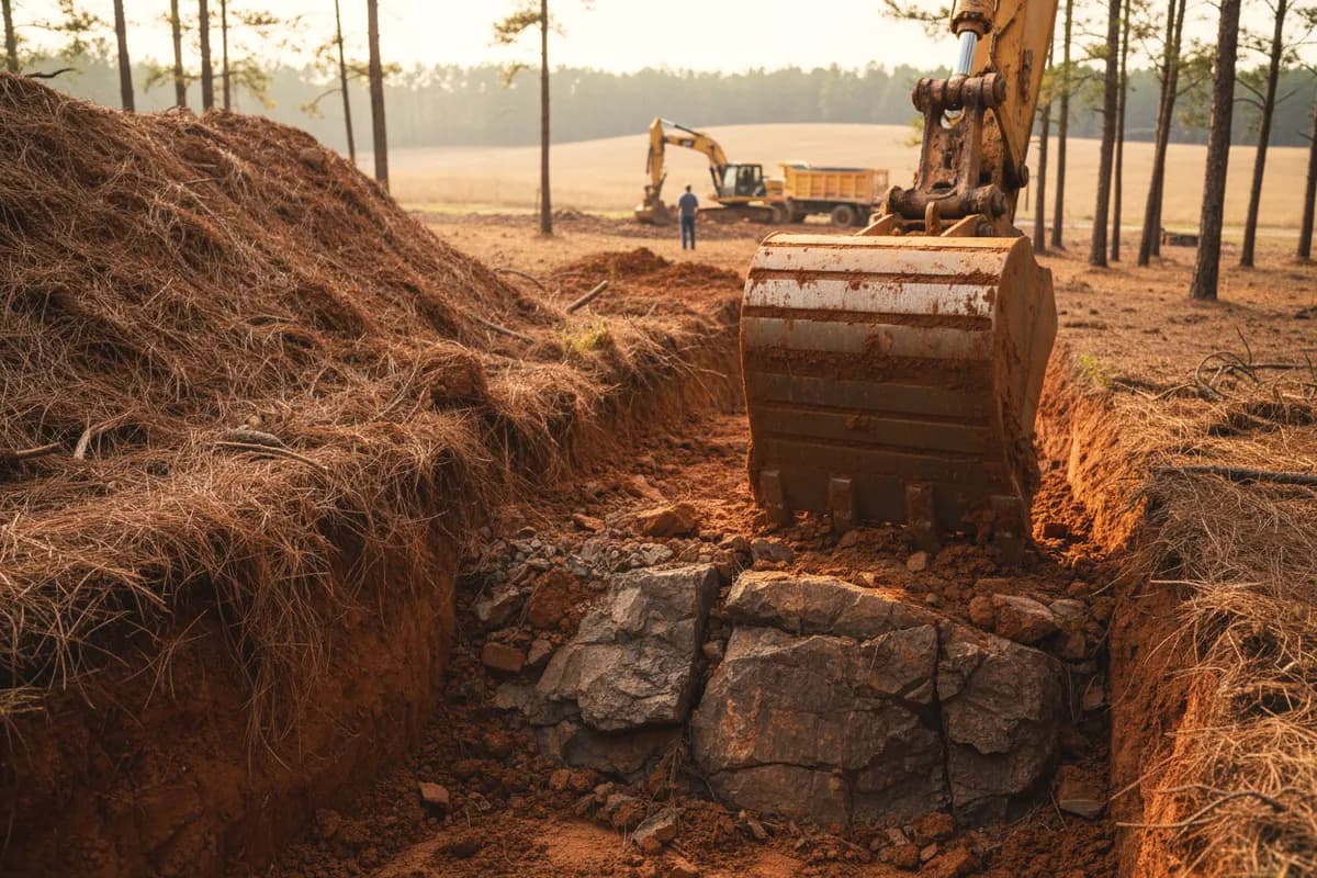 Excavator bucket at the bottom of a trench where red subsoil gives way to gray weathered rock
