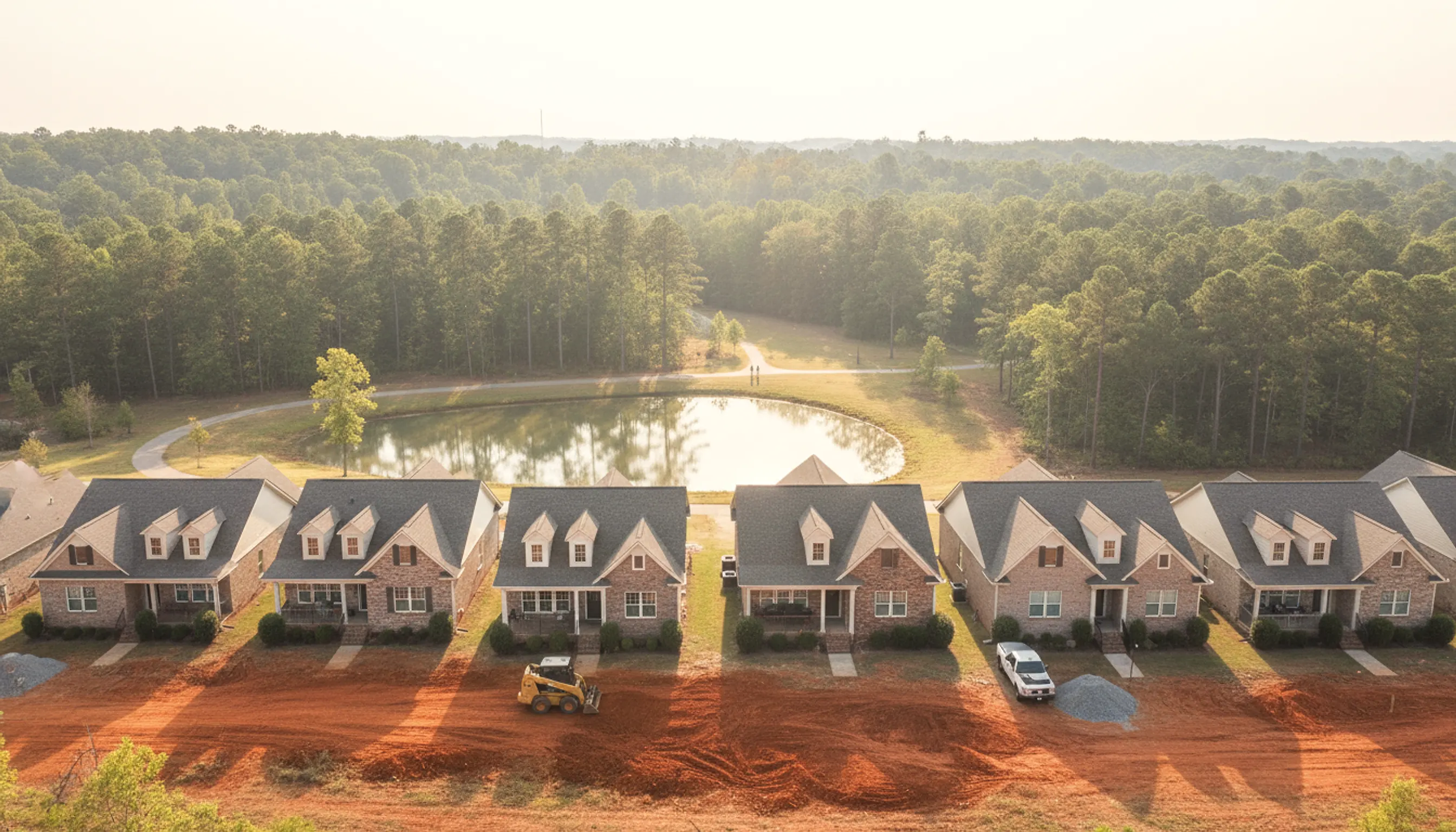 A row of newer brick-front craftsman houses facing freshly graded red clay, a pond and pine woods behind, a compact loader working the clay.