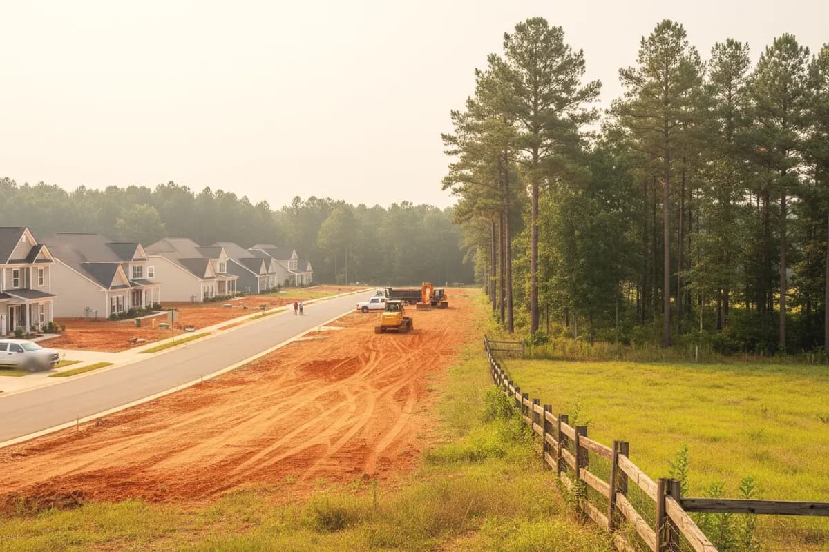 New two-story homes on red clay lots beside pine woods and an old pasture fence.