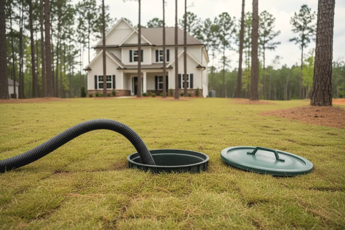 A suction hose running across young lawn into an open green septic riser, its lid set aside, a new two-story home and loblolly pines behind.