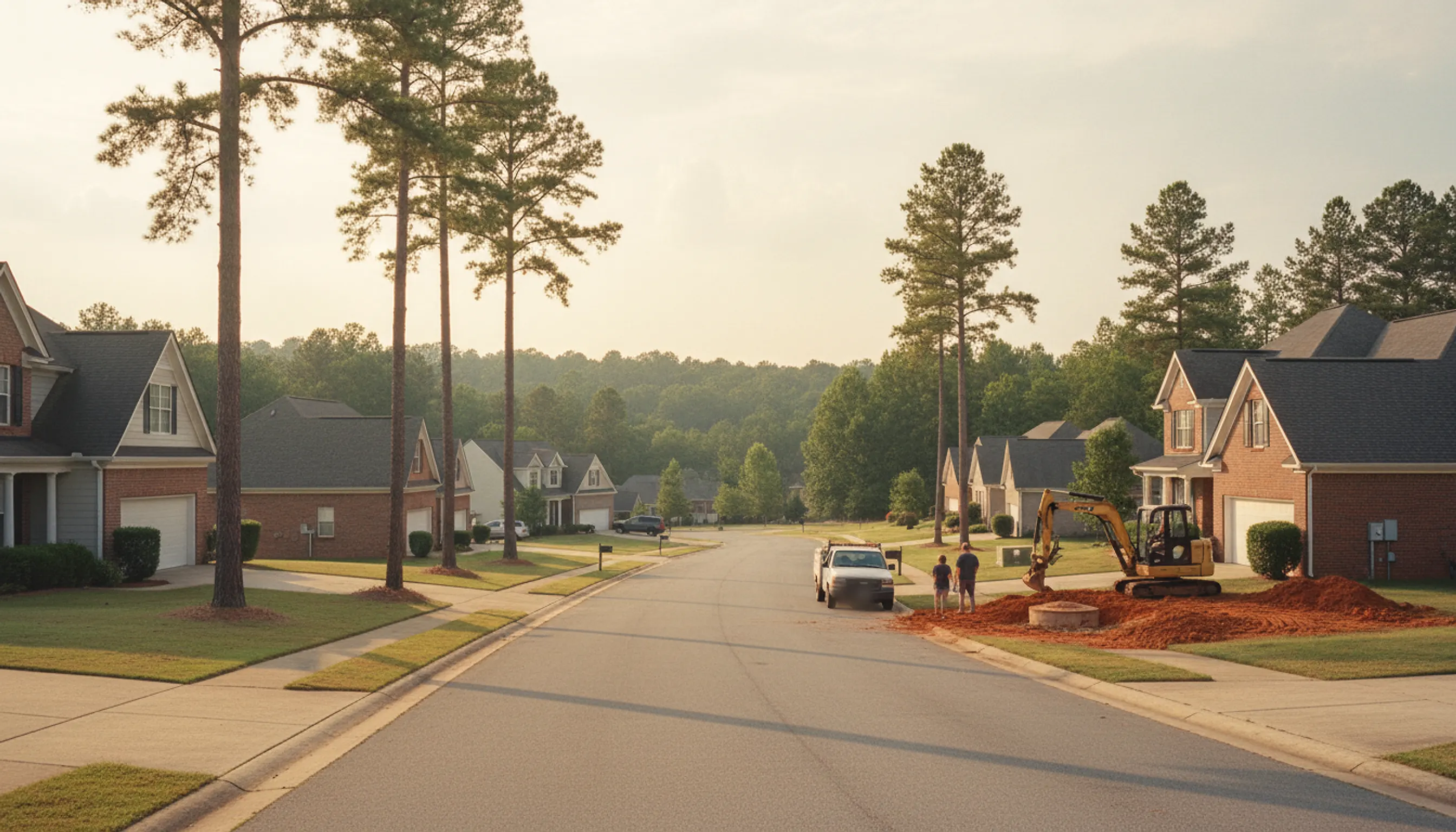 A 1990s cul-de-sac under tall pines, with one lawn dug open to red clay around a concrete septic tank lid.