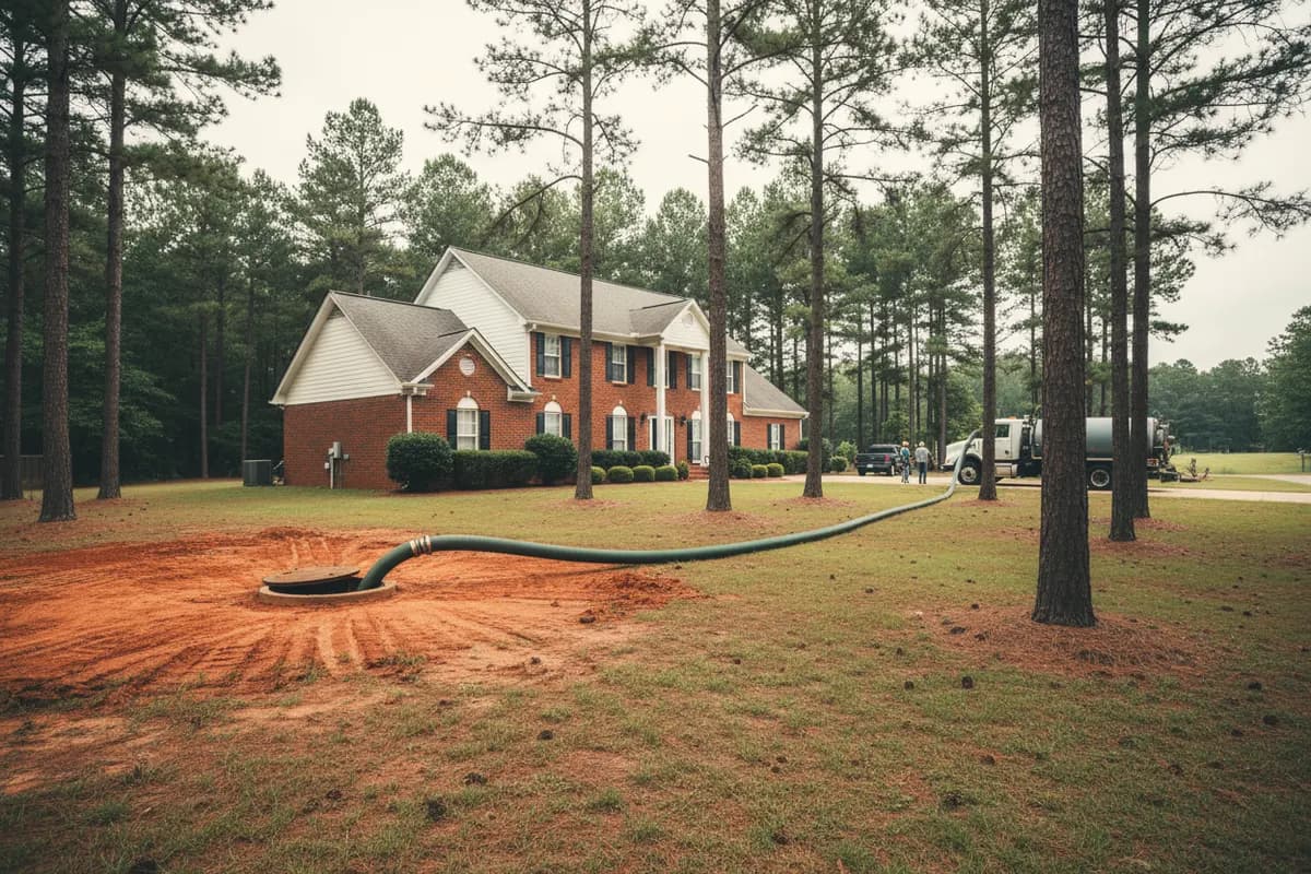 A suction hose runs across a suburban front lawn to an open septic tank riser ringed with red clay.