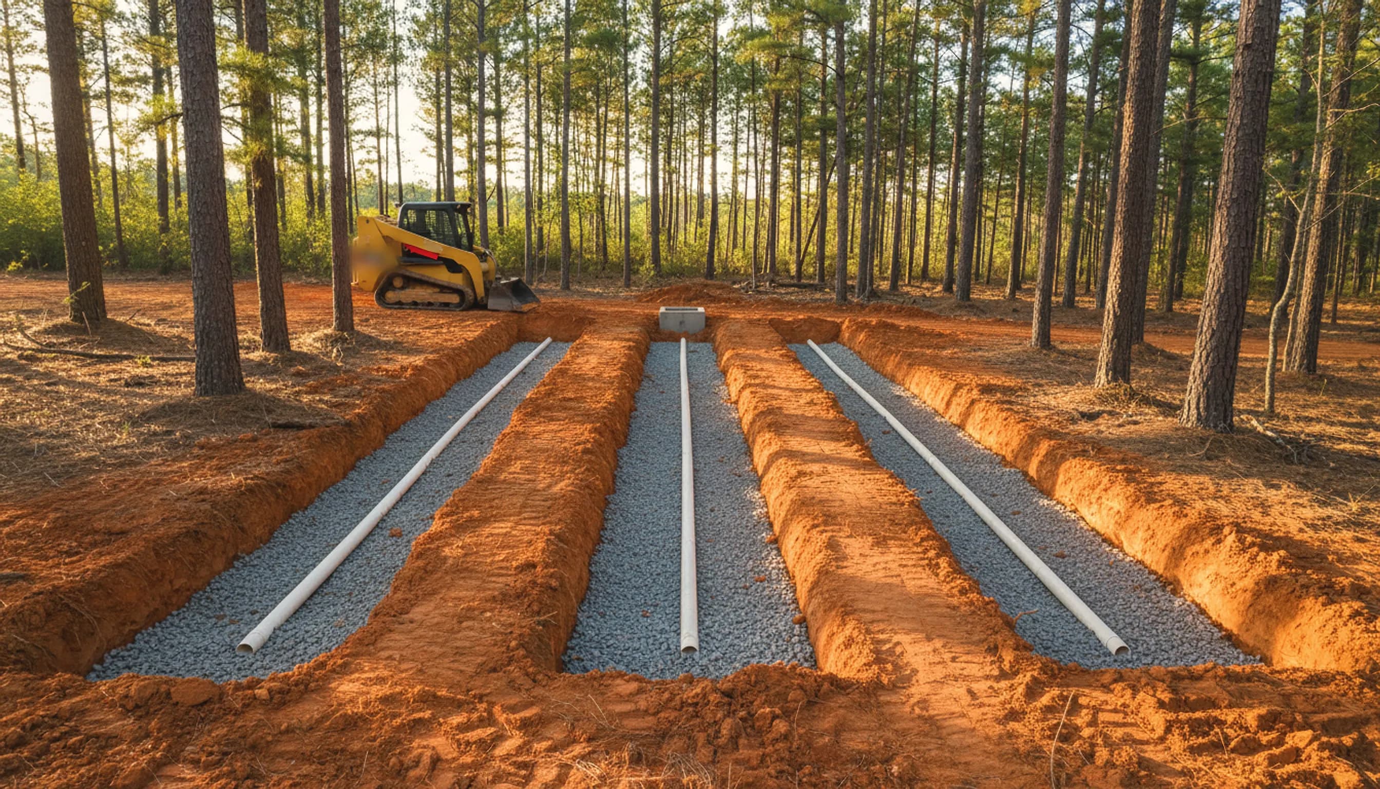 Parallel drain field trenches in red clay with gravel and perforated pipe, a compact track loader beside a wooded Georgia lot; illustrating septic, sewer and water line work around Hampton, Georgia