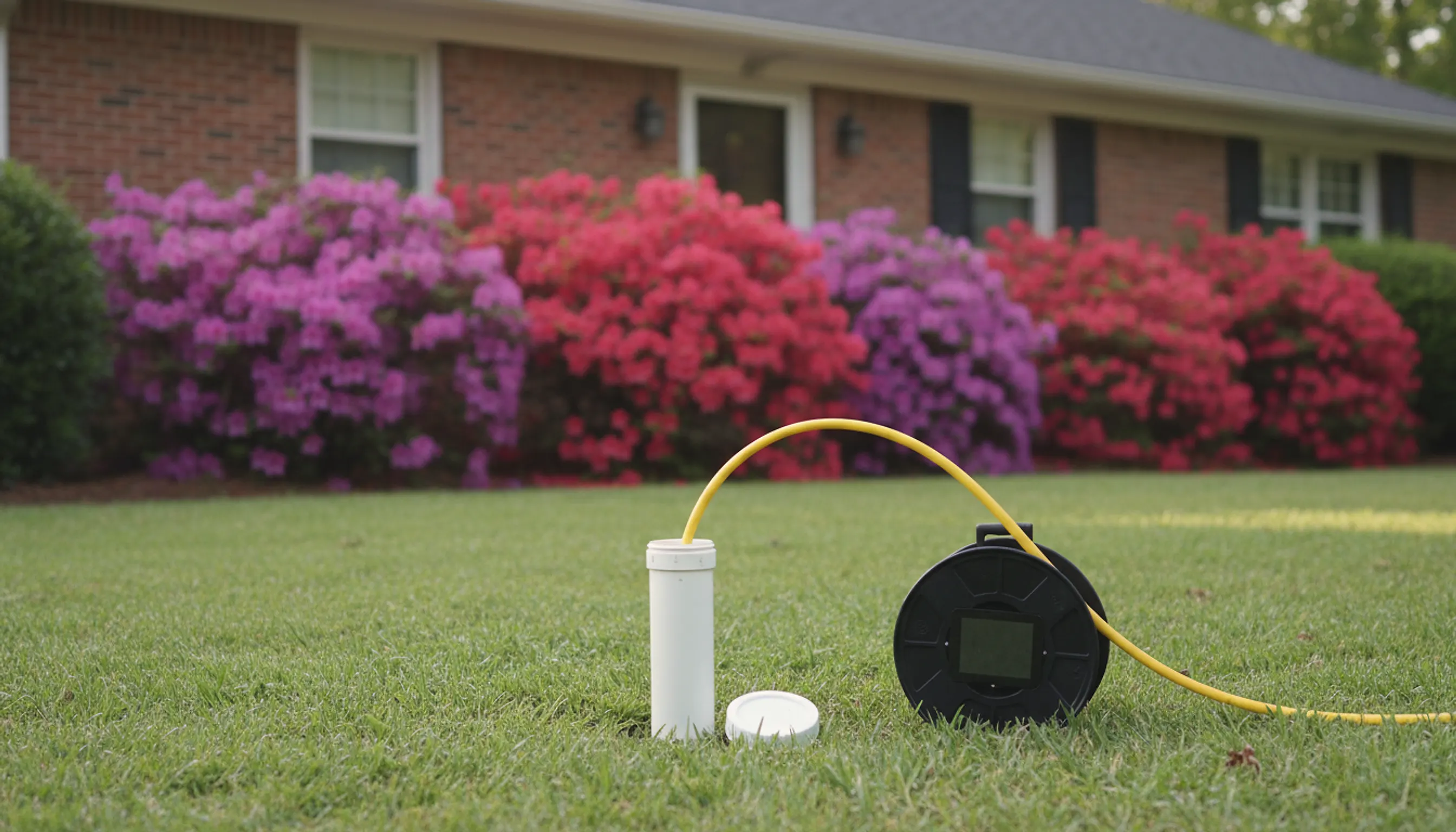 Sewer inspection camera cable fed from a reel into an open white PVC cleanout in the front yard of a brick home; illustrating septic, sewer and water line work around Jackson County, Georgia