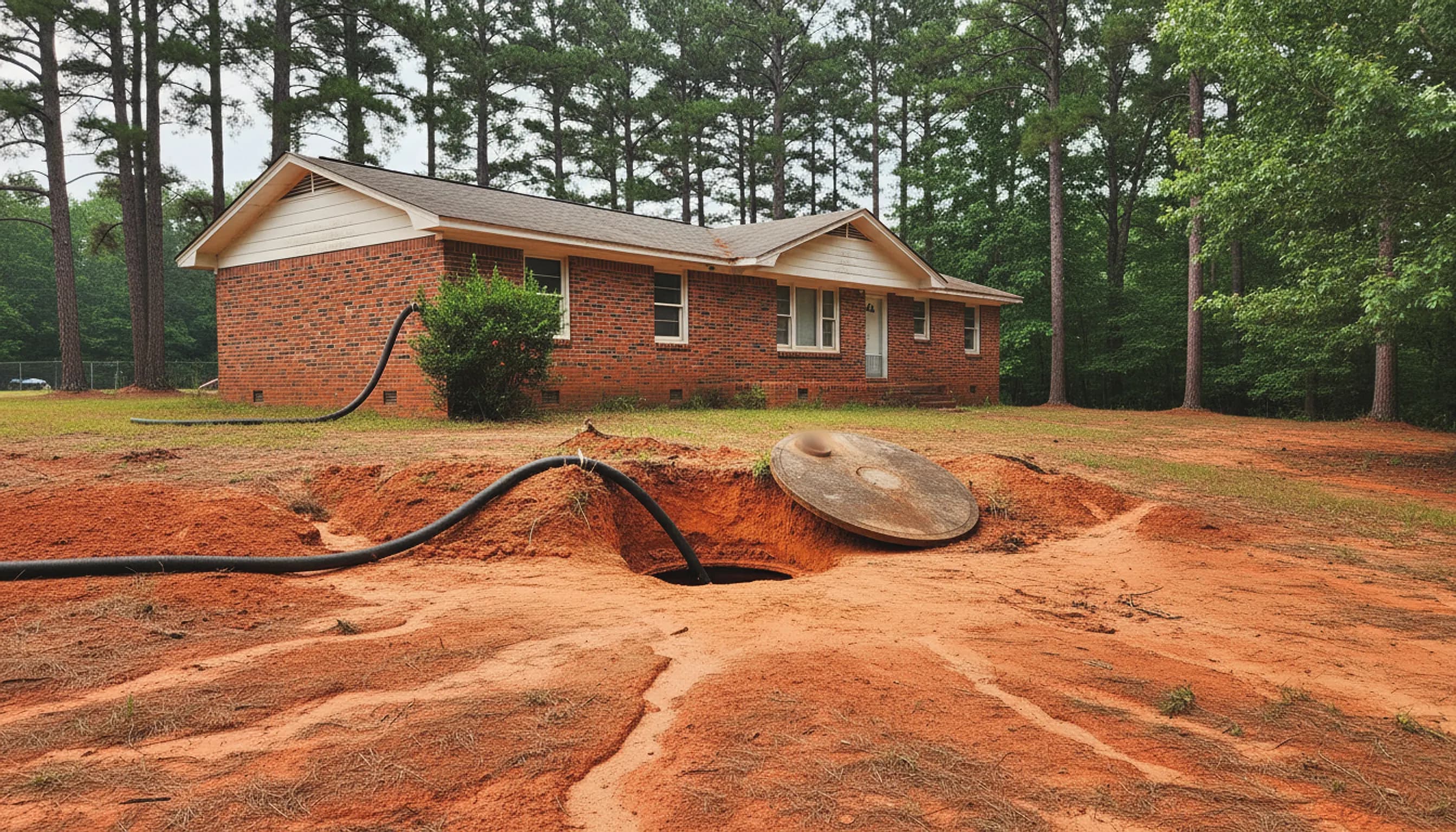A brick ranch house among loblolly pines, a round septic tank lid lifted aside from a red clay dig with a black suction hose running into the open tank.