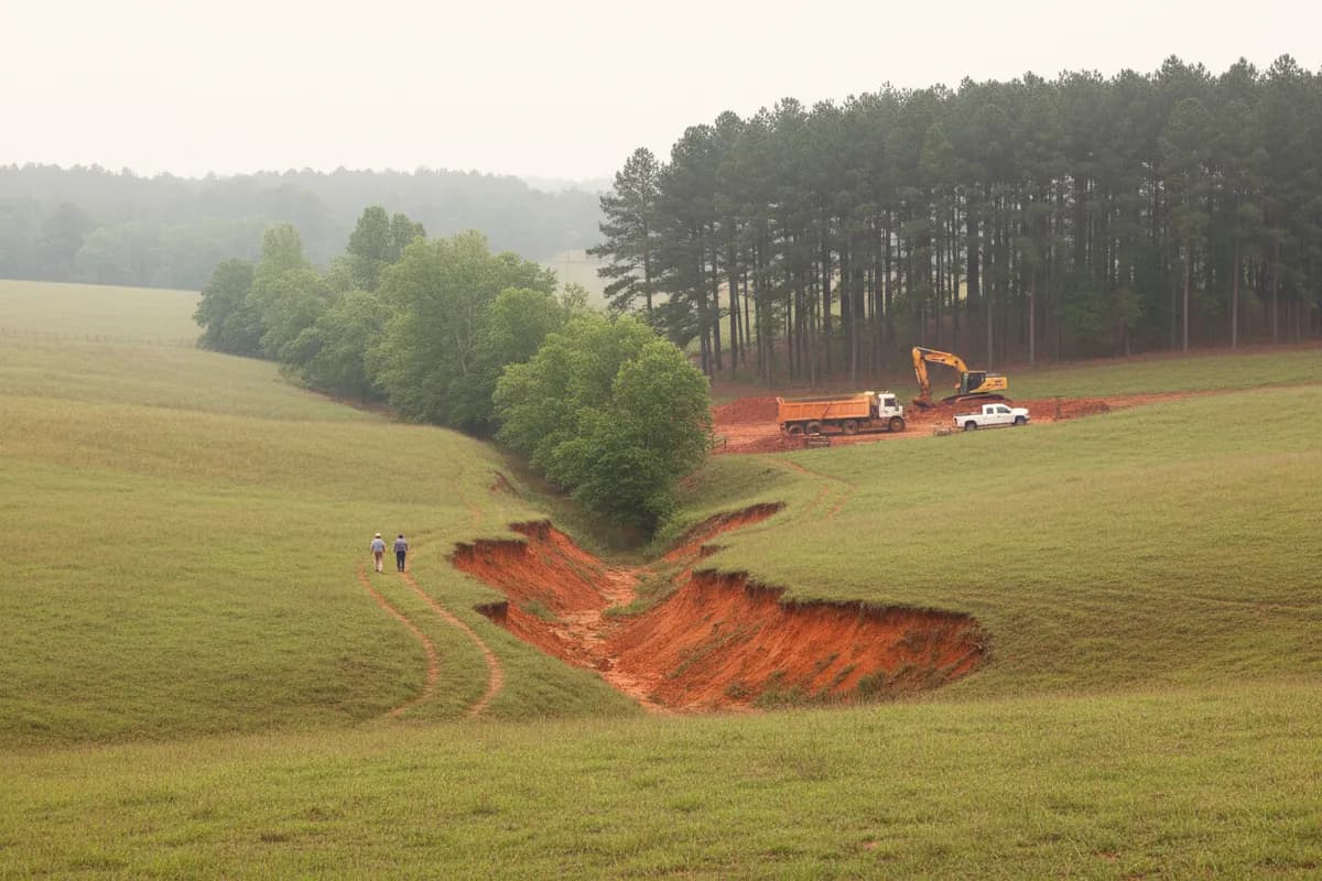 Sloping pasture with a red clay gully running down to a wooded creek bottom