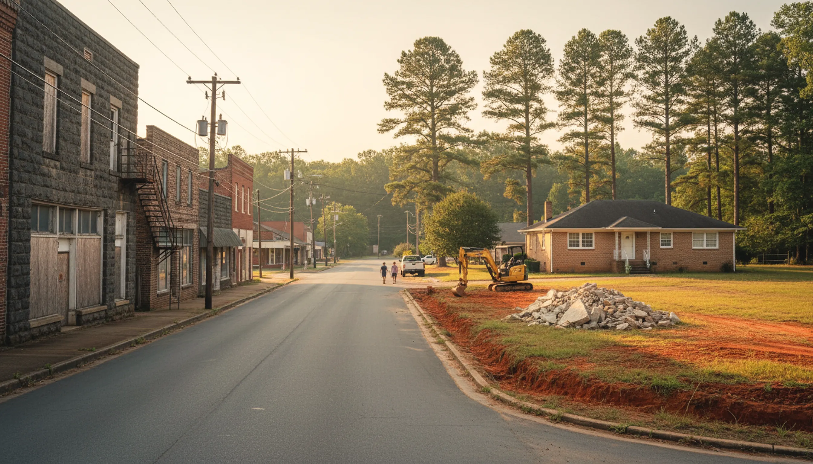 Old granite-block buildings on a small-town street with a ranch house beyond, a red clay trench and piled gray stone in its yard.