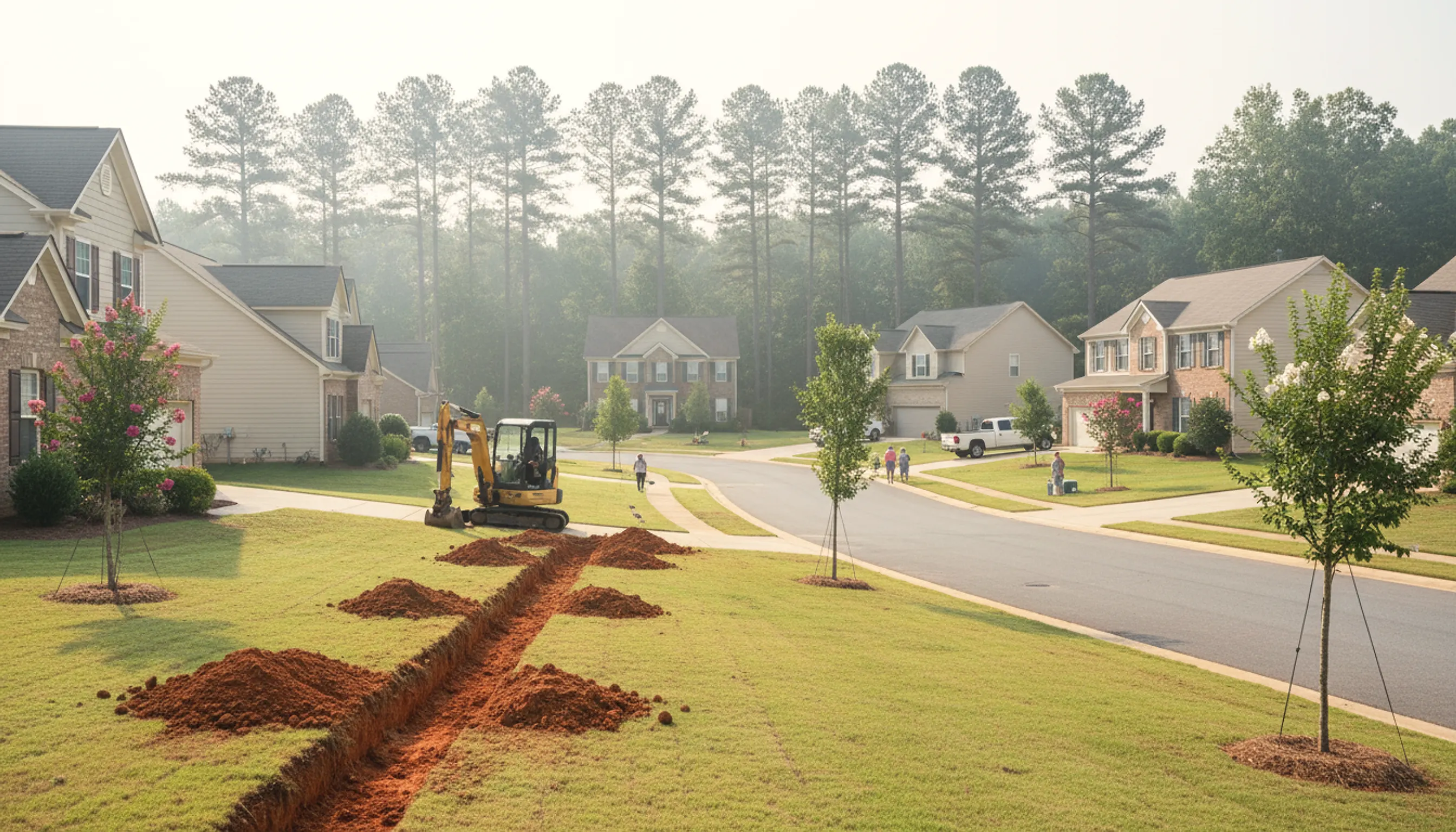 Two-story suburban homes on a cul-de-sac with a red-clay trench across one front lawn in Loganville, Georgia