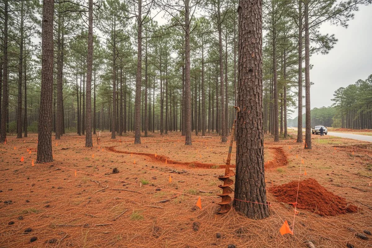 Survey flags marking a proposed drain field on a wooded red-clay lot at a subdivision edge