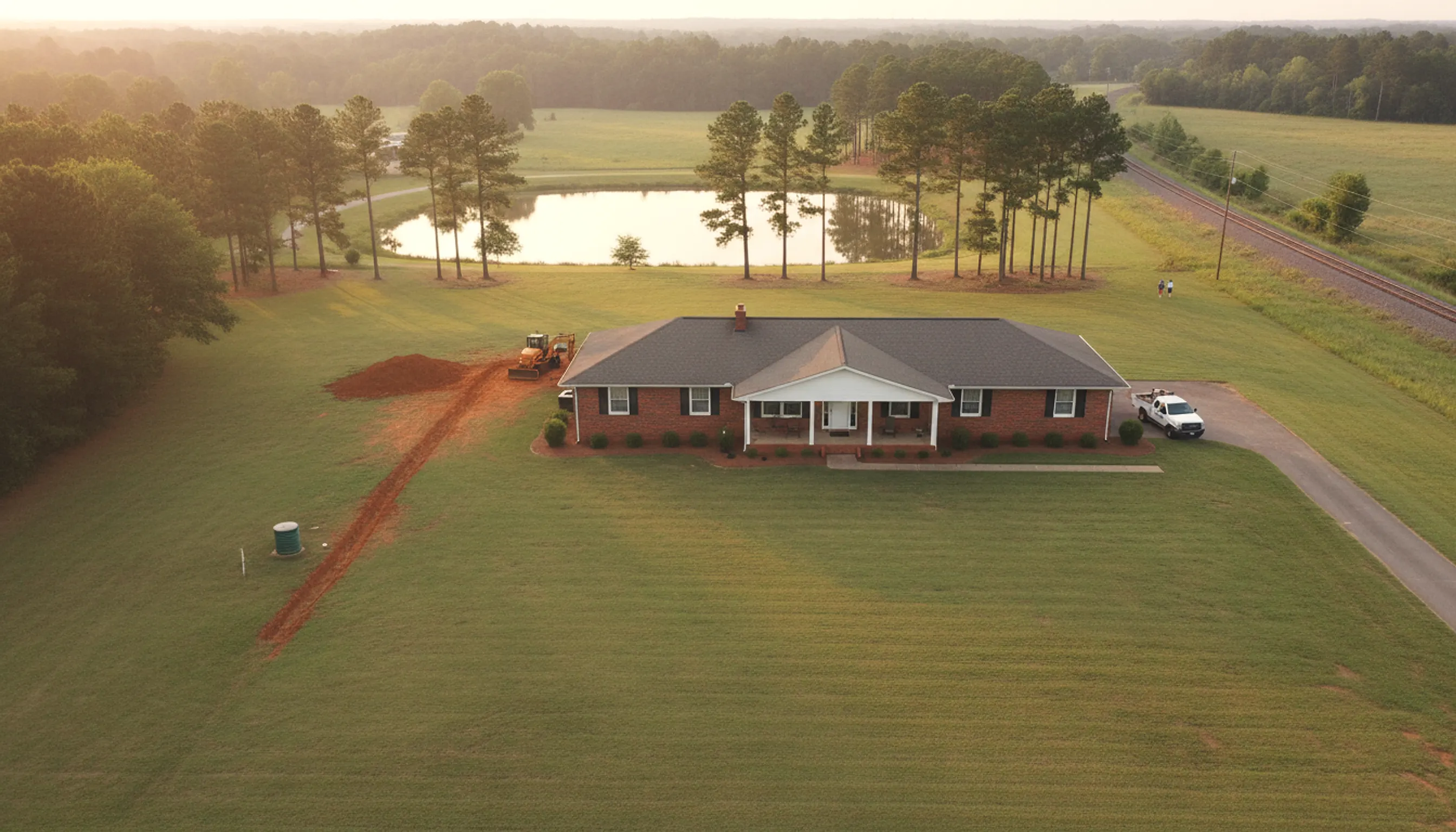 A brick ranch on a wide rural lot with a septic riser in the side yard, a clay trench toward the drain field and a pond below the pines.