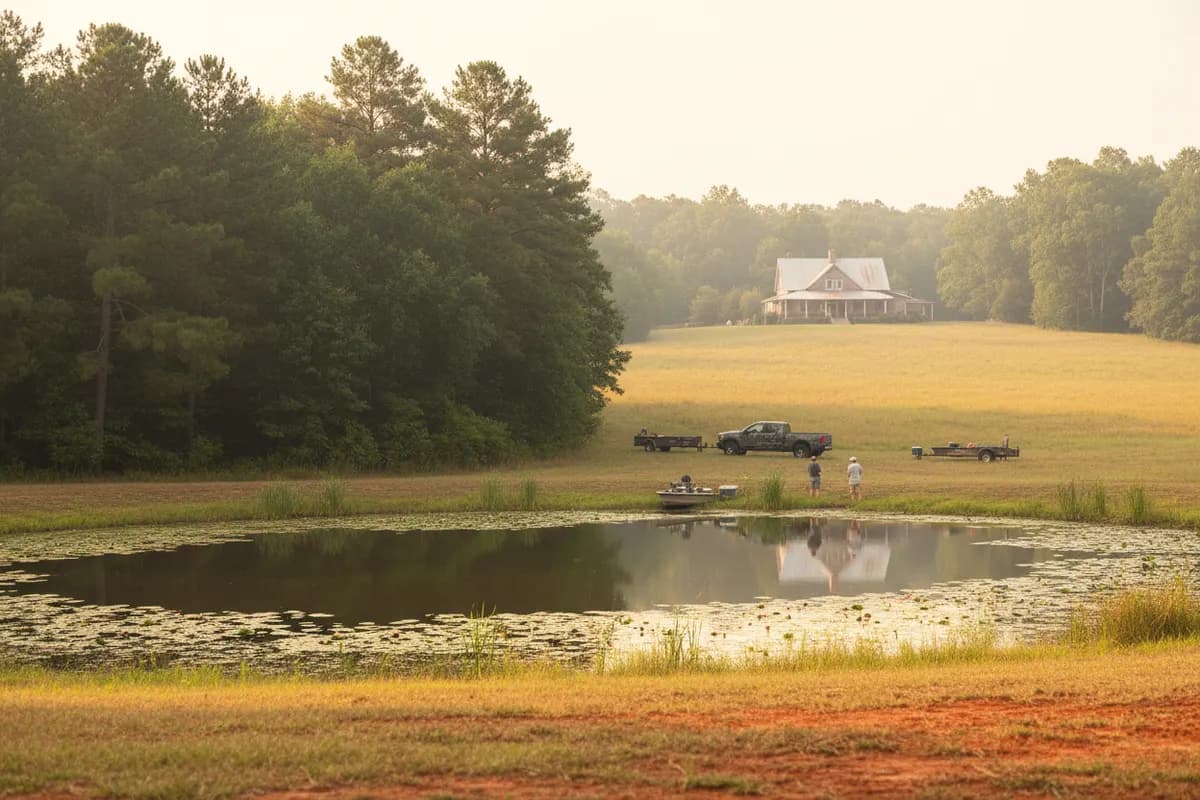 A lily-padded farm pond below a pasture and an old farmhouse with a metal roof, pine and hardwood woods around it.