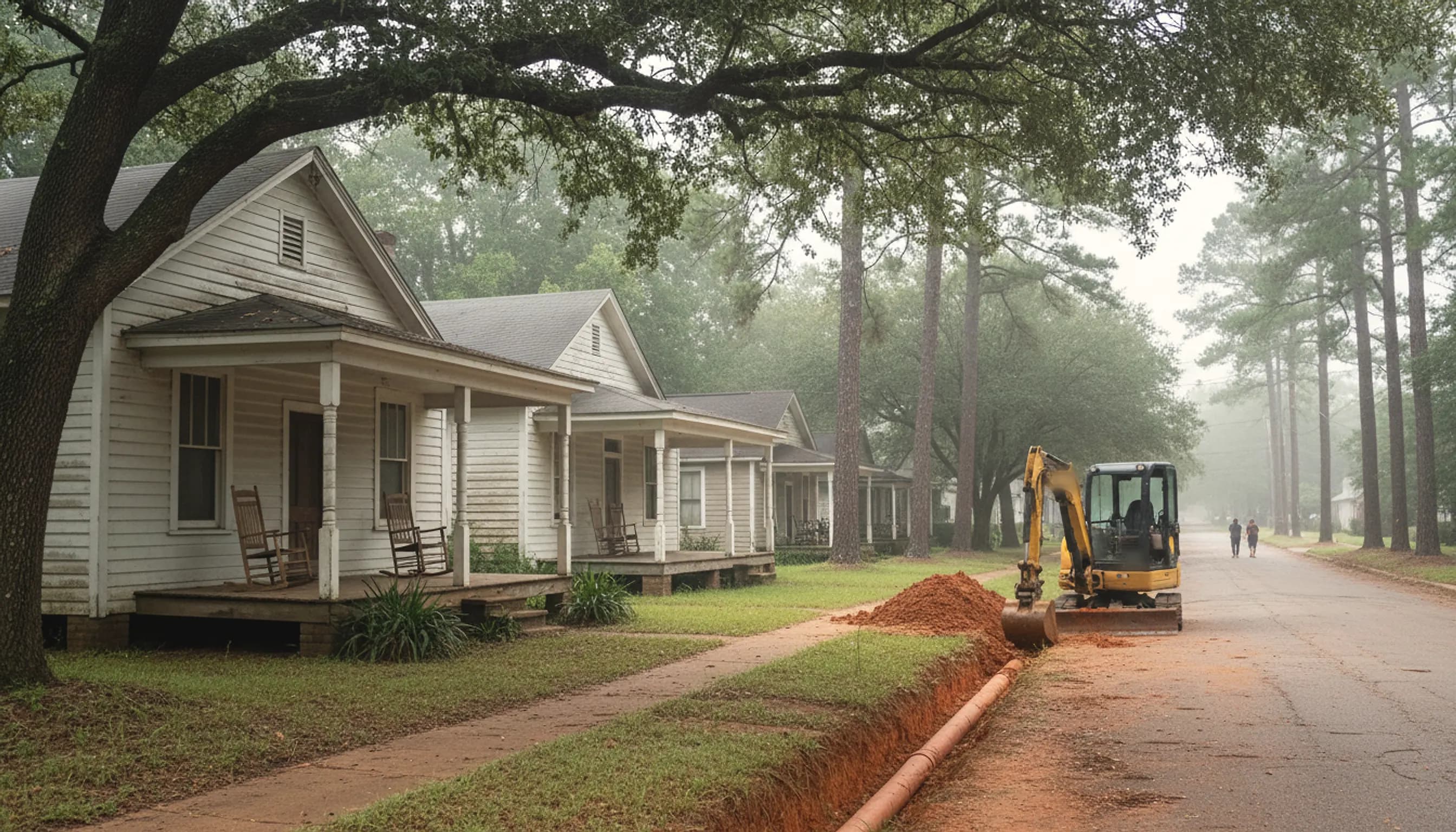 Mill-village cottages with a red-clay trench dug from a porch to the street in Monroe, Georgia
