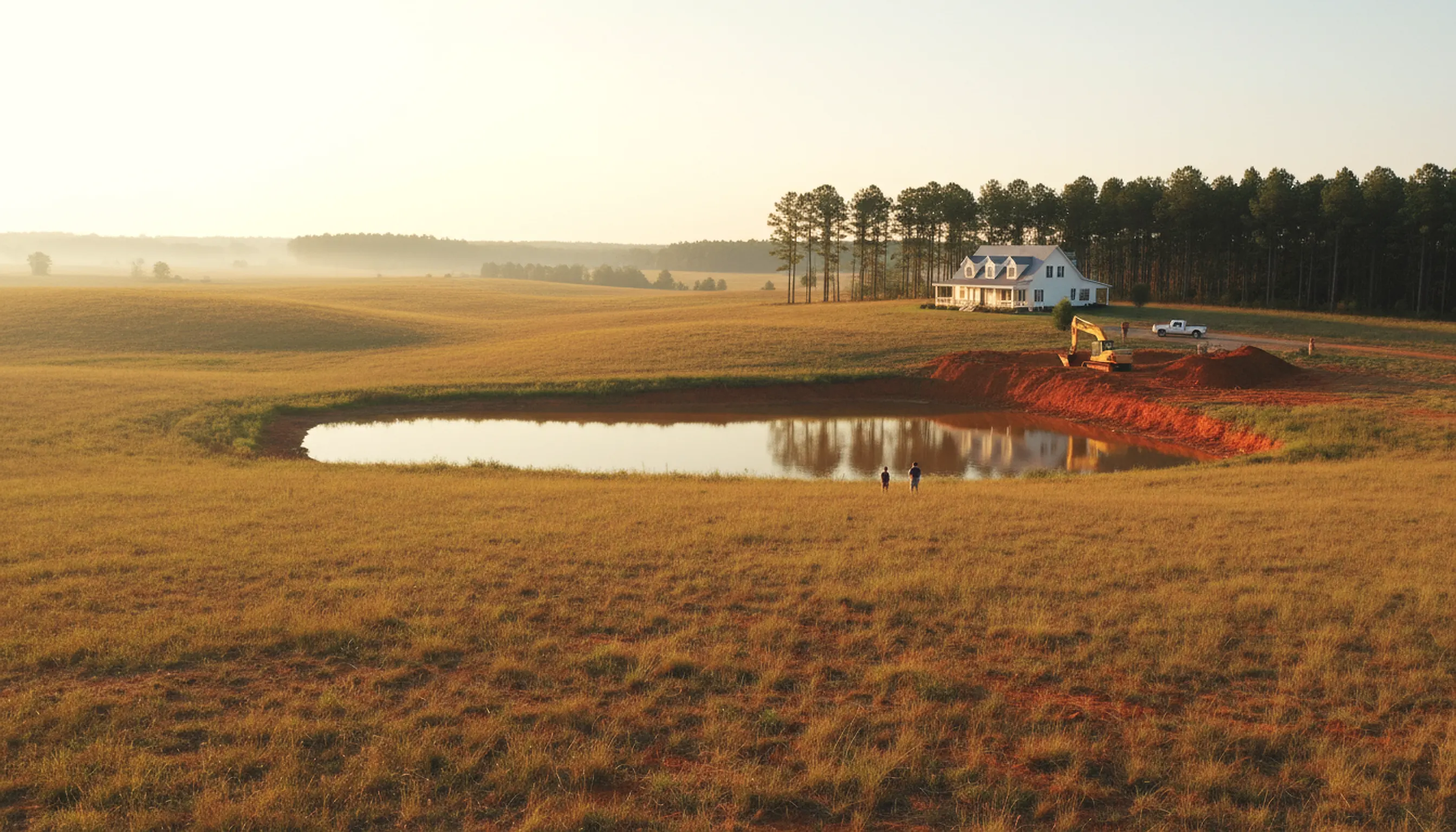 Pasture with a farm pond and pines, and a small excavator beside an open trench in red clay.