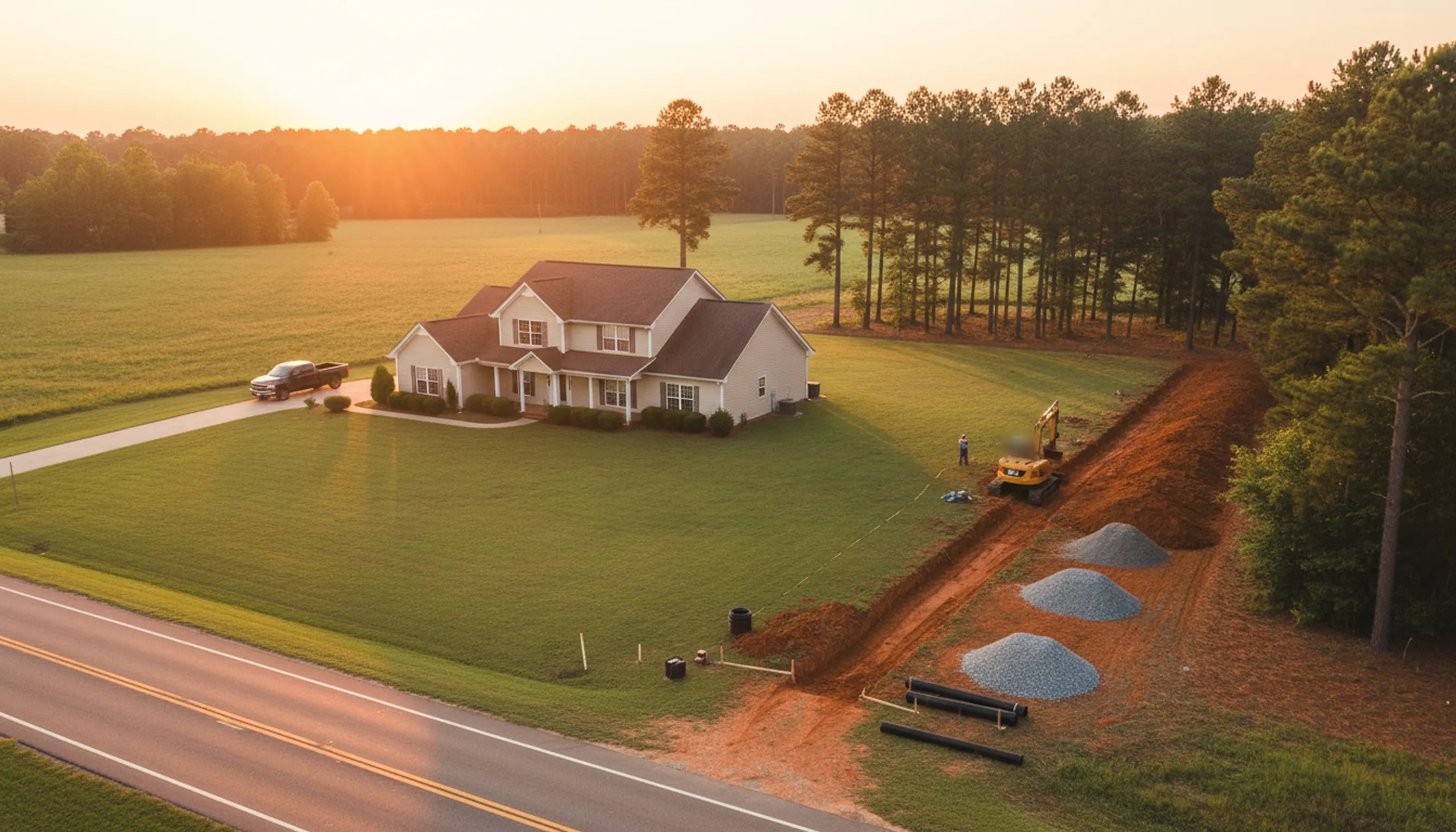 A rural house with a long strip of freshly turned red clay where a drain field is being replaced, pipe and gravel staged alongside.