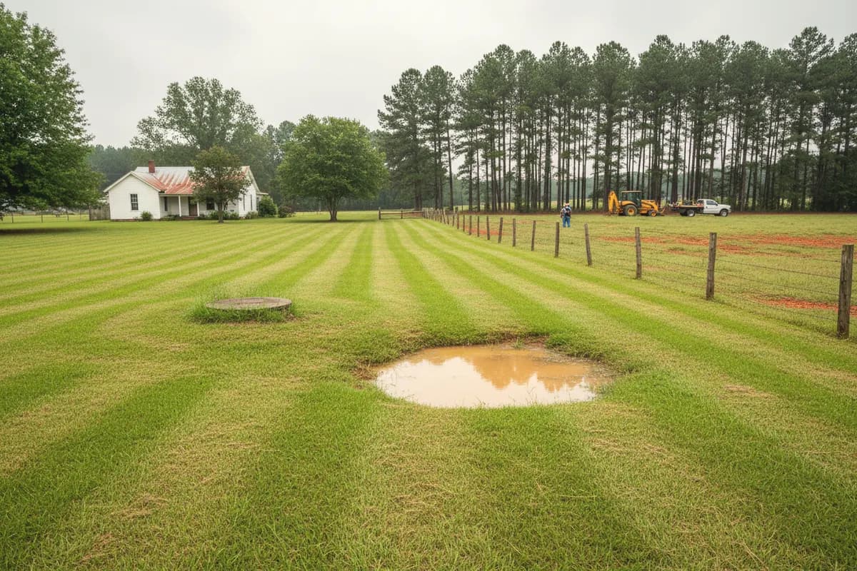 A soggy, muddy patch of lawn near a round septic lid behind an old white farmhouse, a wire fence and loblolly pines at the field edge.