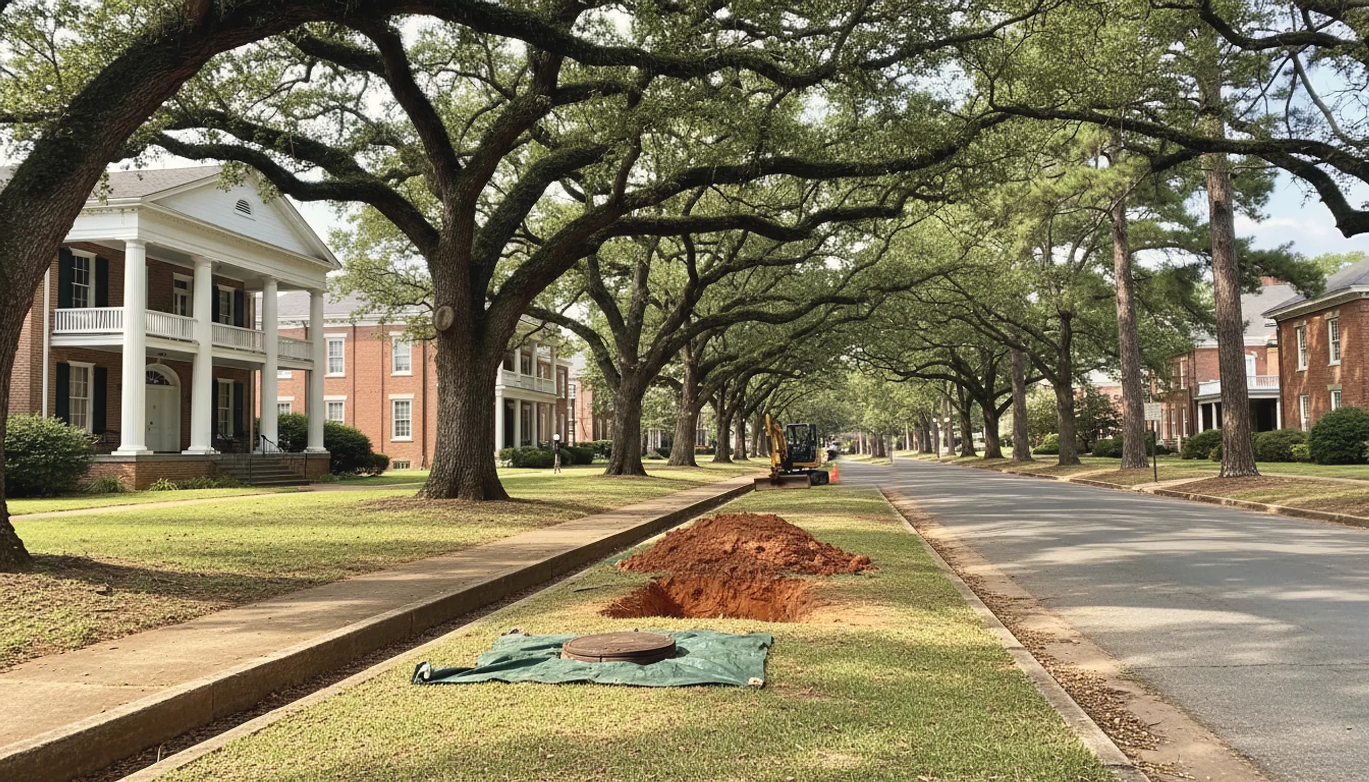 An oak-shaded street of old columned houses and brick campus buildings, with a small trench exposing a sewer cleanout at a lawn's edge.